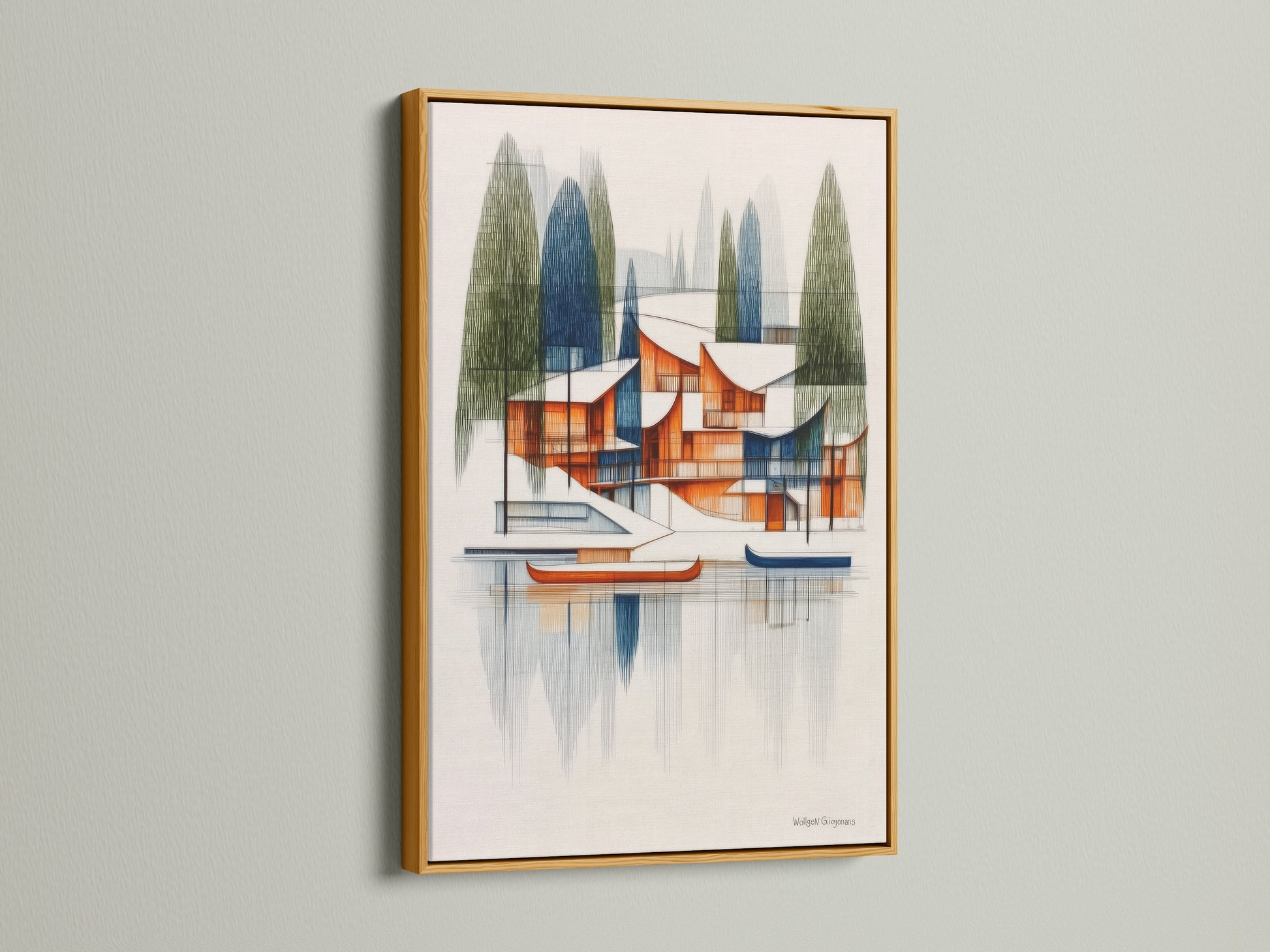 A gold frame displays architectural lake house artwork. This mid-century modern piece offers geometric lake scenery. The gold frame adds a touch of luxury and elegance. Perfect for enhancing your living room or office space.
