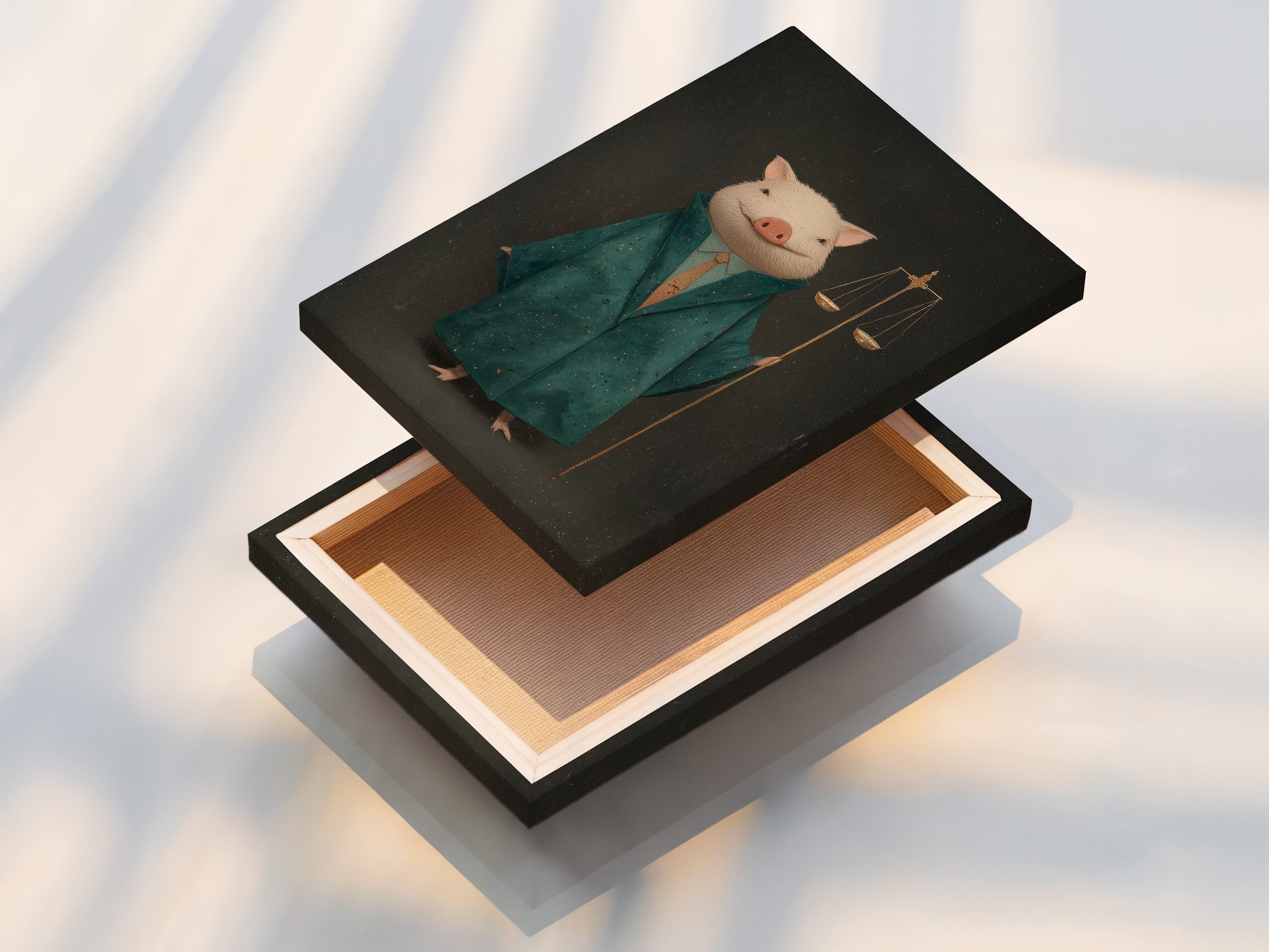 The stretched canvas print of the Lawyer Pig artwork is ready to hang. This legal office art is perfect for law firm decor. The justice scales animal canvas adds a touch of sophistication. It's an ideal gift for attorneys. The Victorian style blends green and gold.