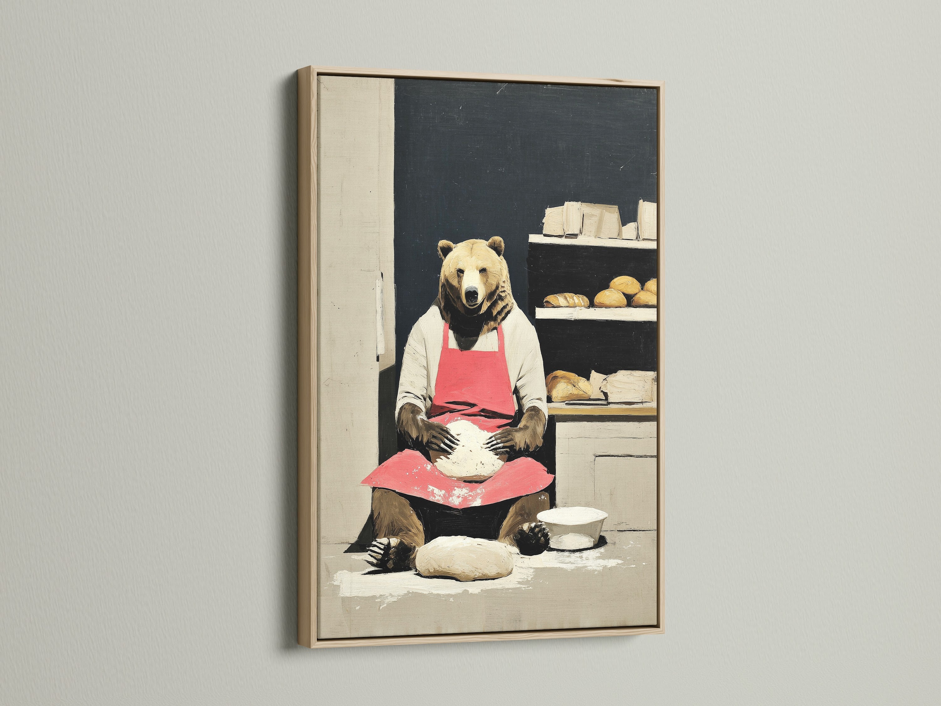 The delightful bear baker artwork is showcased in a classic oak frame. The oak frame enhances the artwork's country style. This artwork is perfect for kitchens and cafes. It brings a touch of cozy charm to any space.