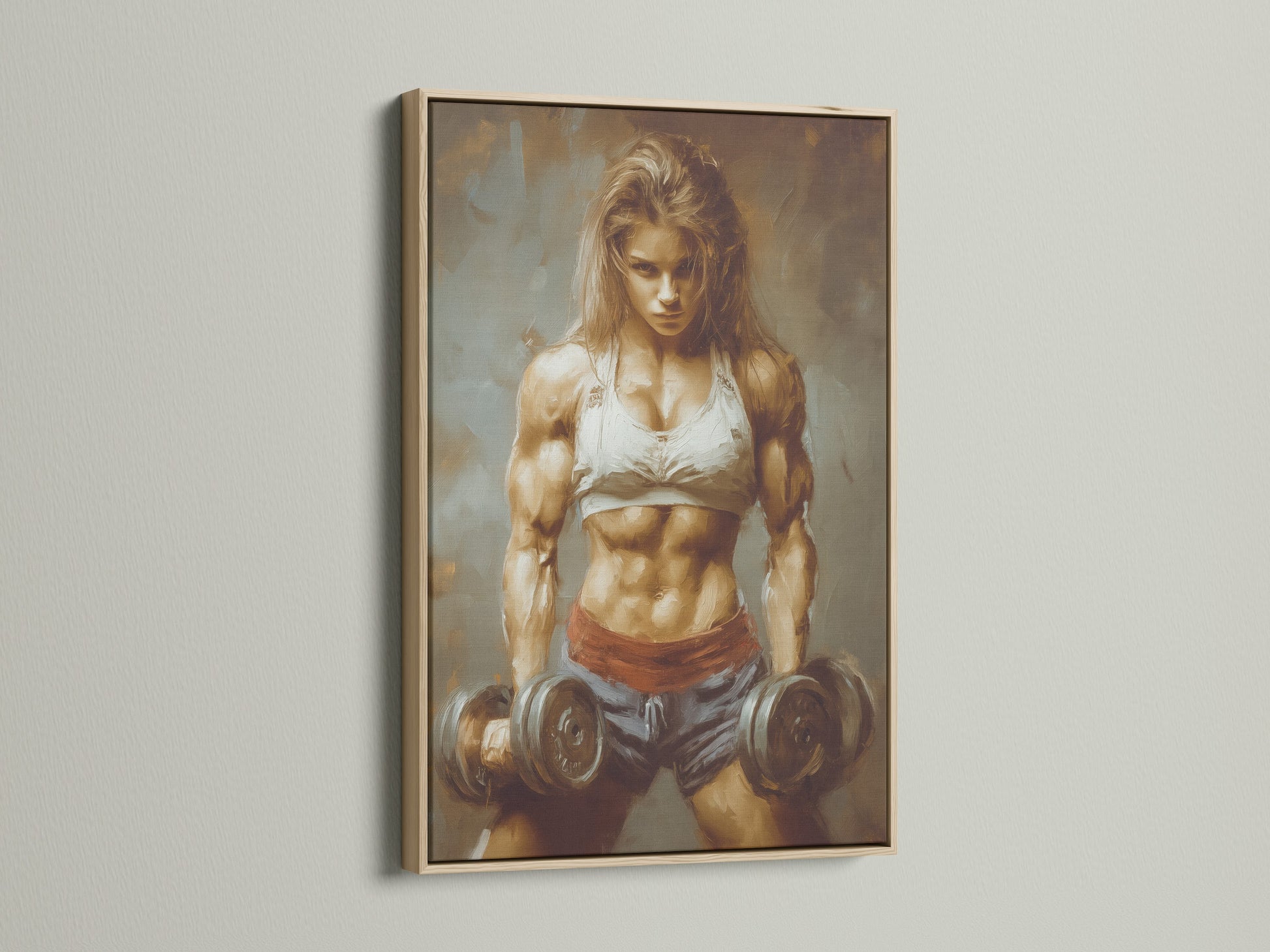 Oak frame artwork featuring a strong woman. This fitness wall art serves as gym wall decor. It portrays a powerful female bodybuilder. Ideal as a motivation poster for home gym decor. Enhance your workout ambiance.