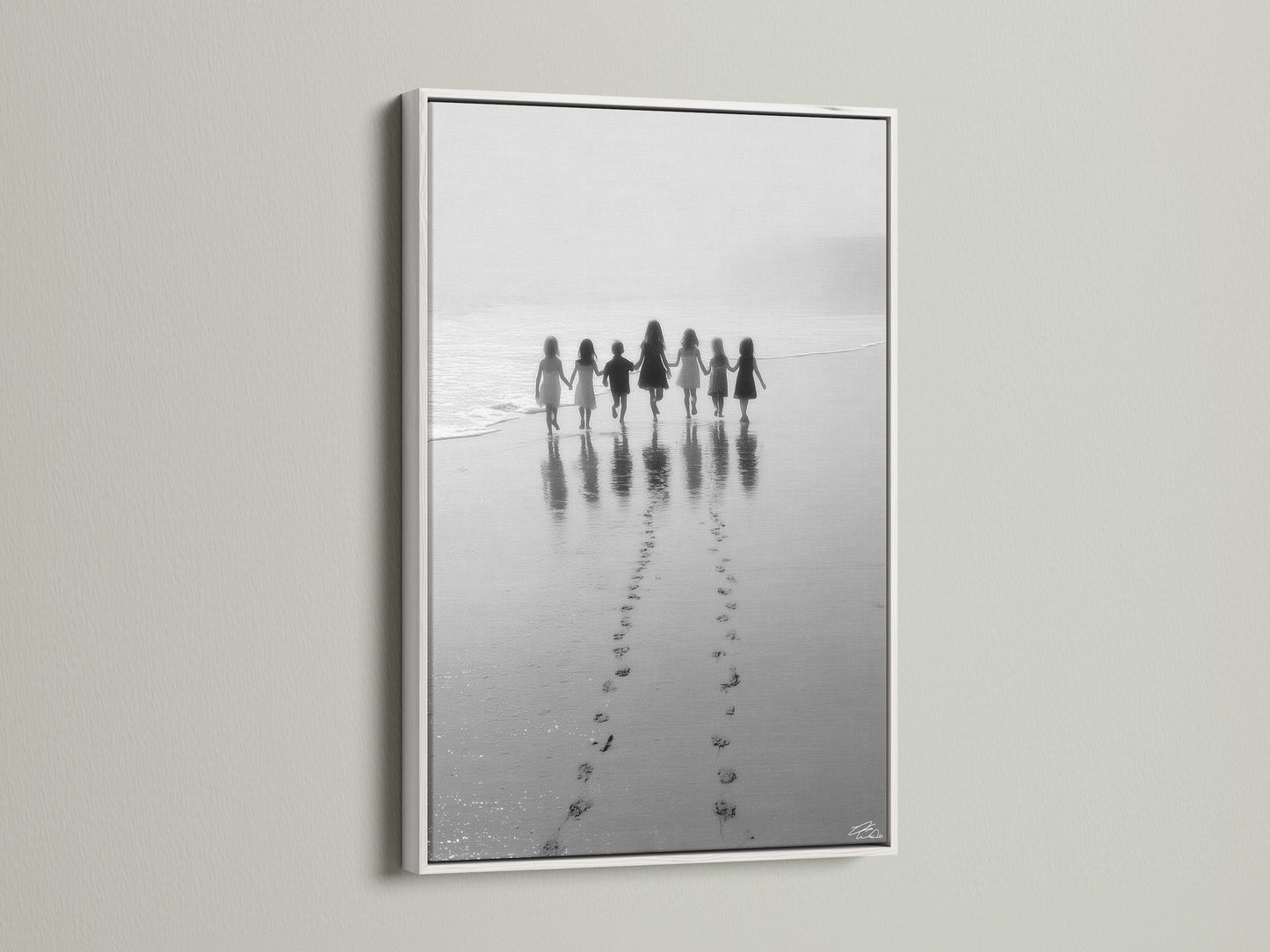 The Beach Walk children print is showcased in a white frame. This black and white seascape photography is stunning. A perfect piece of nursery wall decor. Add a touch of minimalist art to your kids room art or coastal artwork collection today.