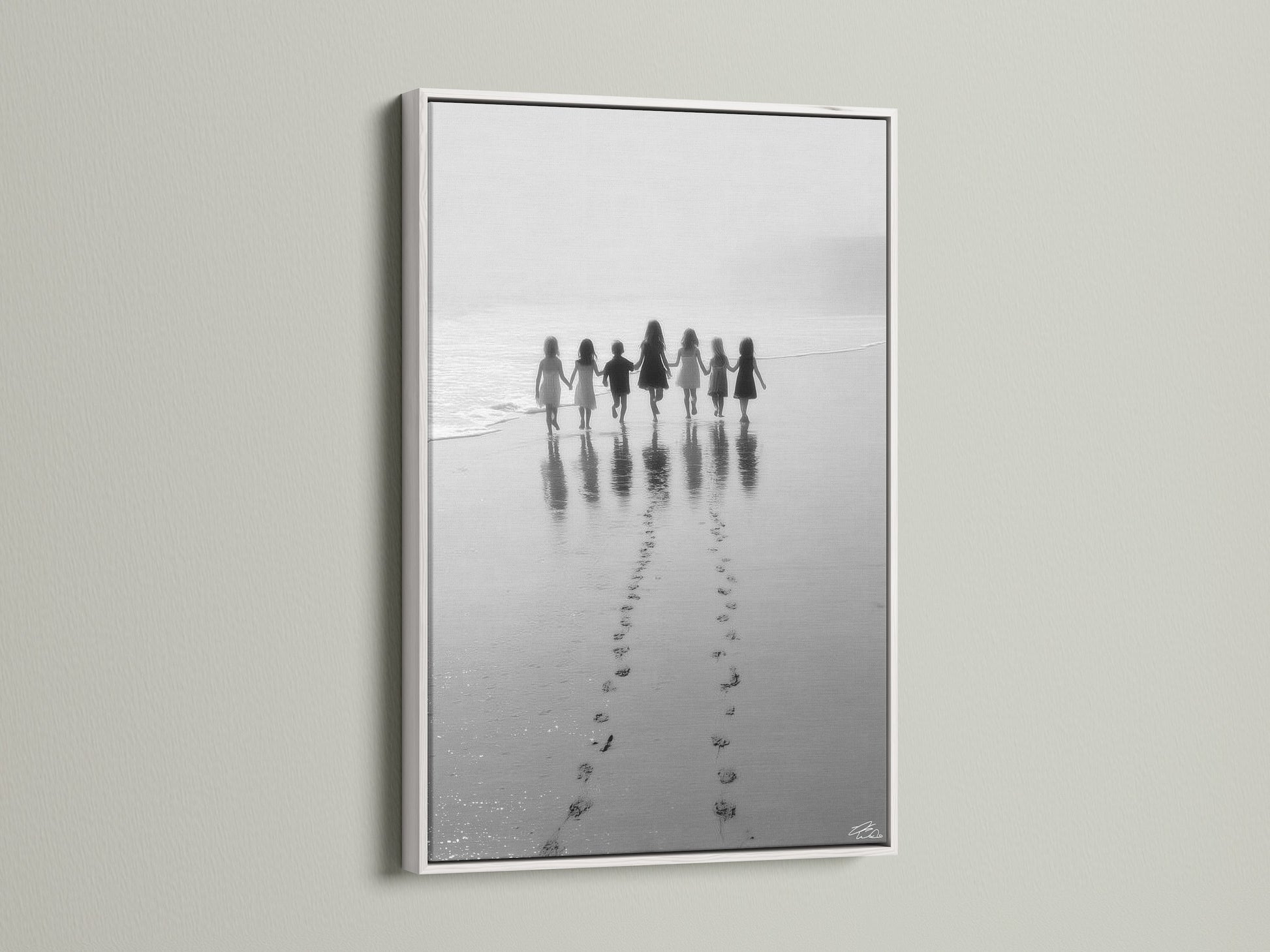 The Beach Walk children print is showcased in a white frame. This black and white seascape photography is stunning. A perfect piece of nursery wall decor. Add a touch of minimalist art to your kids room art or coastal artwork collection today.