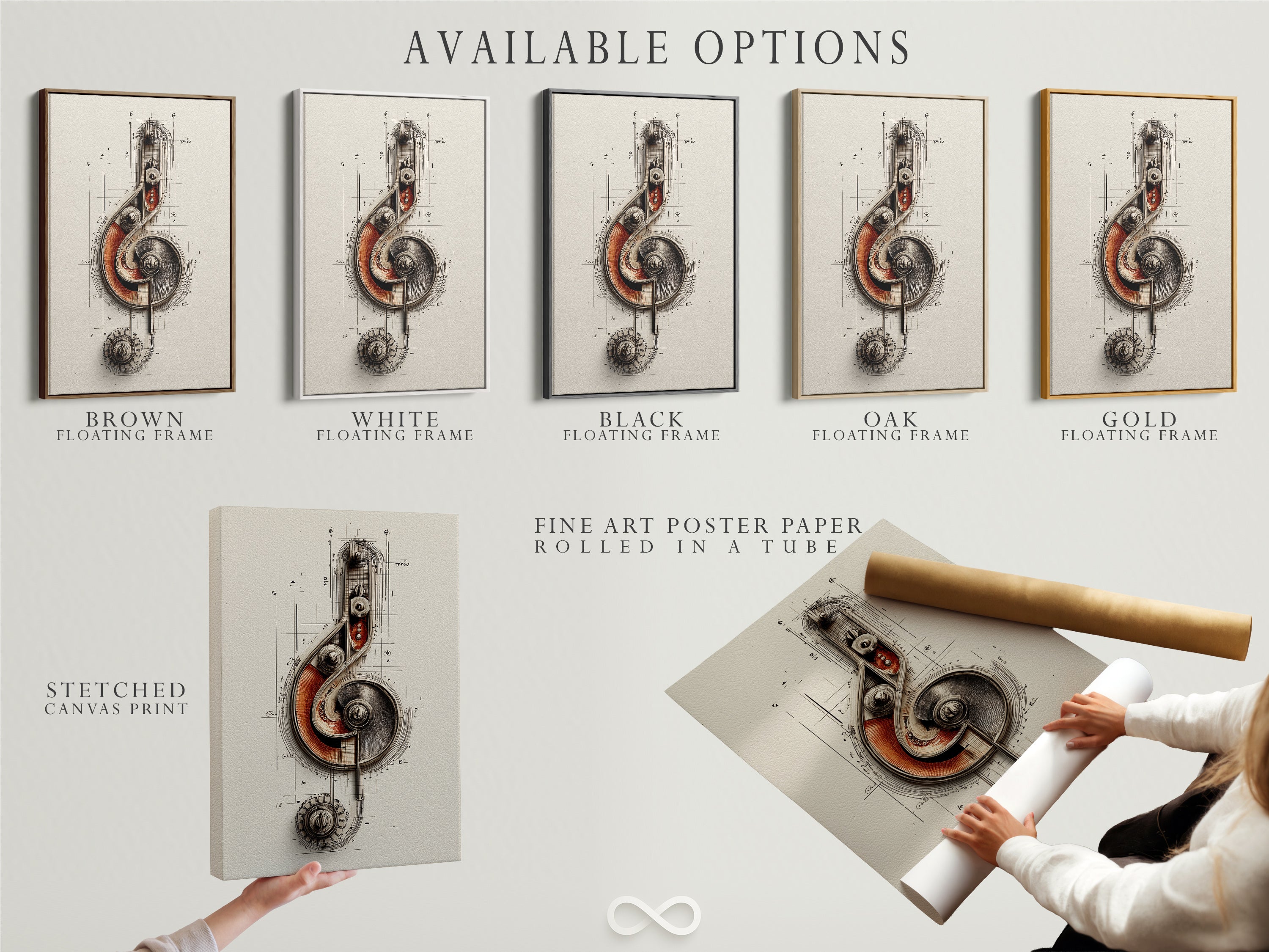 Available options include a stretched canvas print fine art poster paper and a floating frame. The steampunk music note artwork is versatile. The mechanical treble clef wall art suits any style. It is perfect for music enthusiasts and steampunk fans alike.
