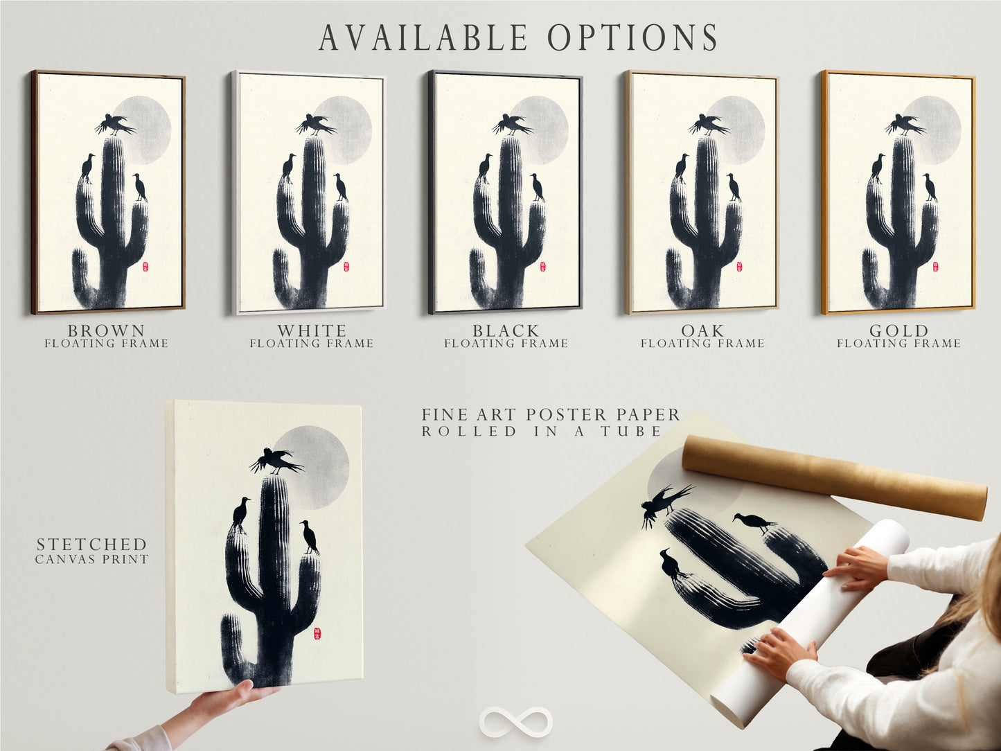 Available options for the Cactus Birds artwork. Choose from a stretched canvas print fine art poster paper or floating frame. Desert silhouette art for southwestern decor. Minimalist monochrome nature canvas.