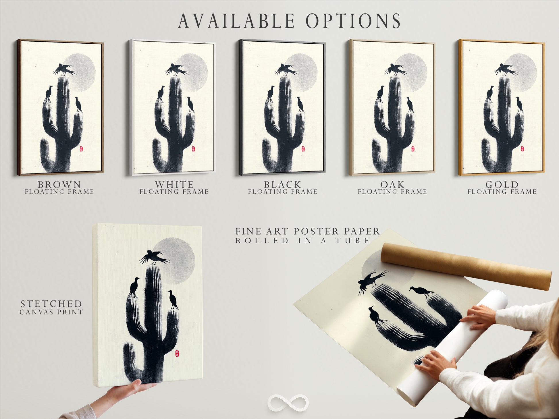 Available options for the Cactus Birds artwork. Choose from a stretched canvas print fine art poster paper or floating frame. Desert silhouette art for southwestern decor. Minimalist monochrome nature canvas.