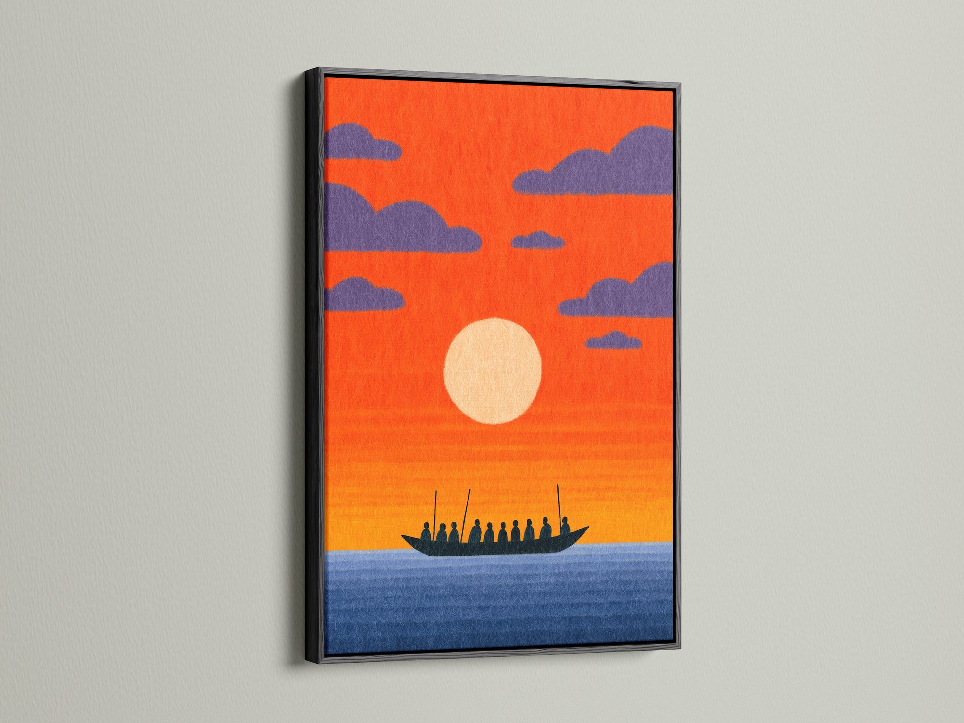Sunset Boat artwork in a black frame. This nautical artwork adds a touch of maritime charm to your decor. The black frame creates a bold contrast with the orange sky. Ideal for modern interiors. Shop now.