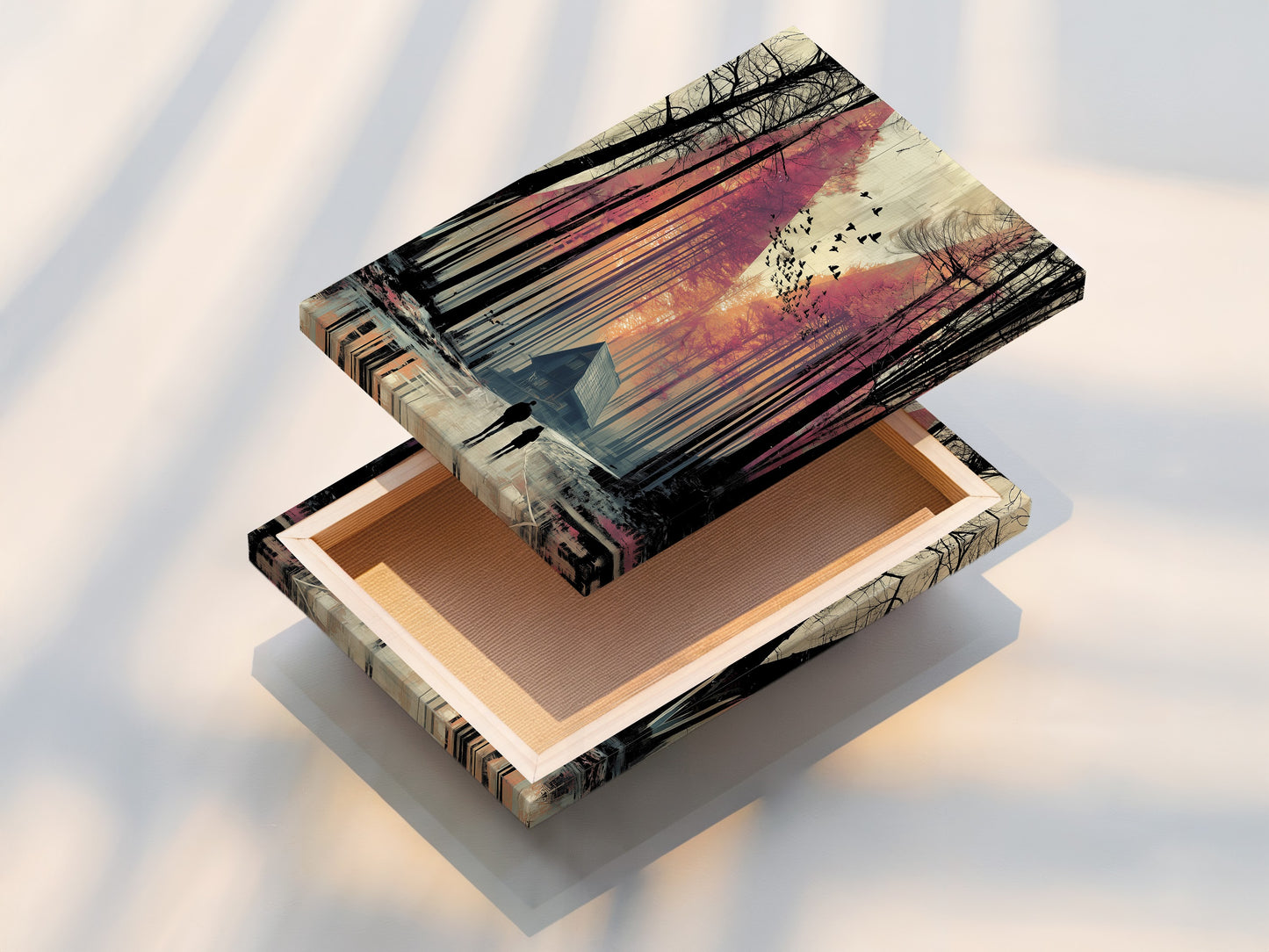 A stretched canvas print showcases the forest cabin artwork. The stretched canvas provides a gallery-ready appearance. The moody landscape artwork is ready to hang. Ideal for adding a touch of nature to your home or office.