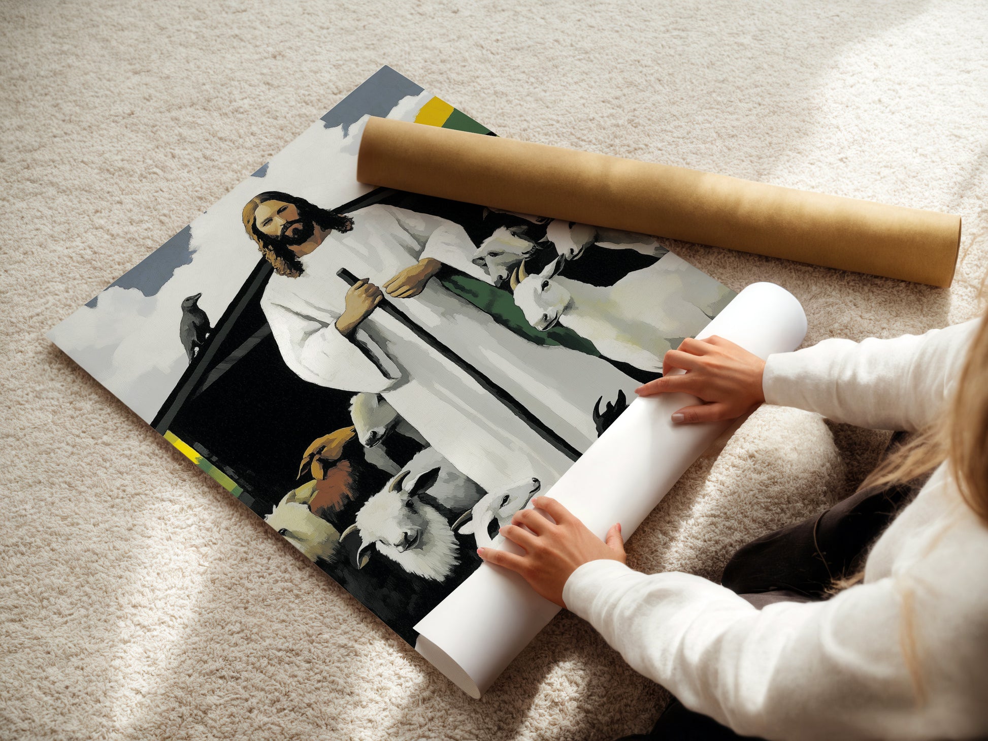 A woman is carefully rolling a fine art poster paper. She is preserving the quality of the art. Fine art paper ensures vibrant colors. This paper also provides long-lasting durability. Proper handling keeps your prints pristine. Enjoy high-quality prints that last.