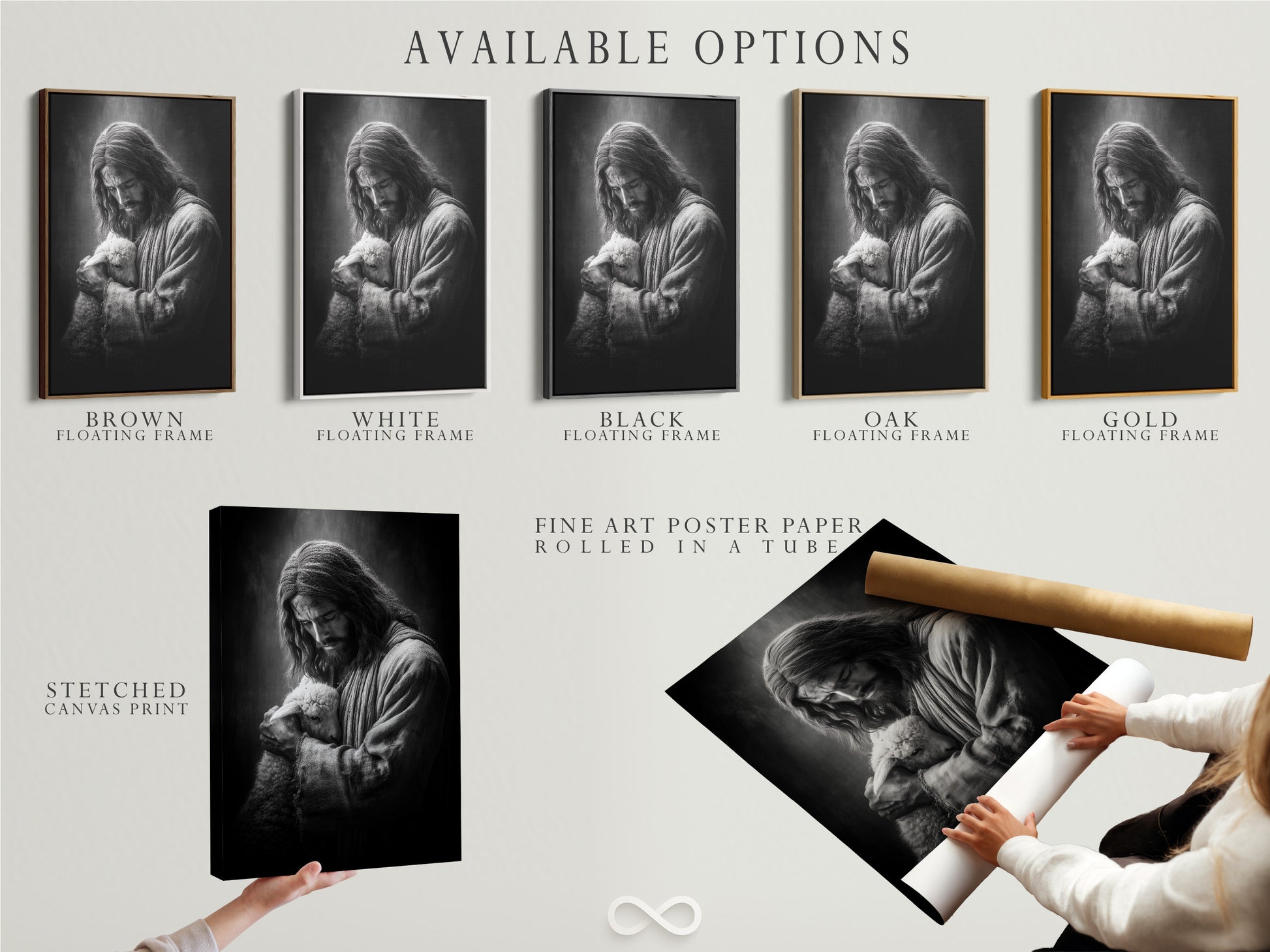 This image showcases the available options for your art piece. Options include a stretched canvas print. Also available is fine art poster paper and a floating frame. Choose the option that best suits your style and preferences. Elevate your artwork.