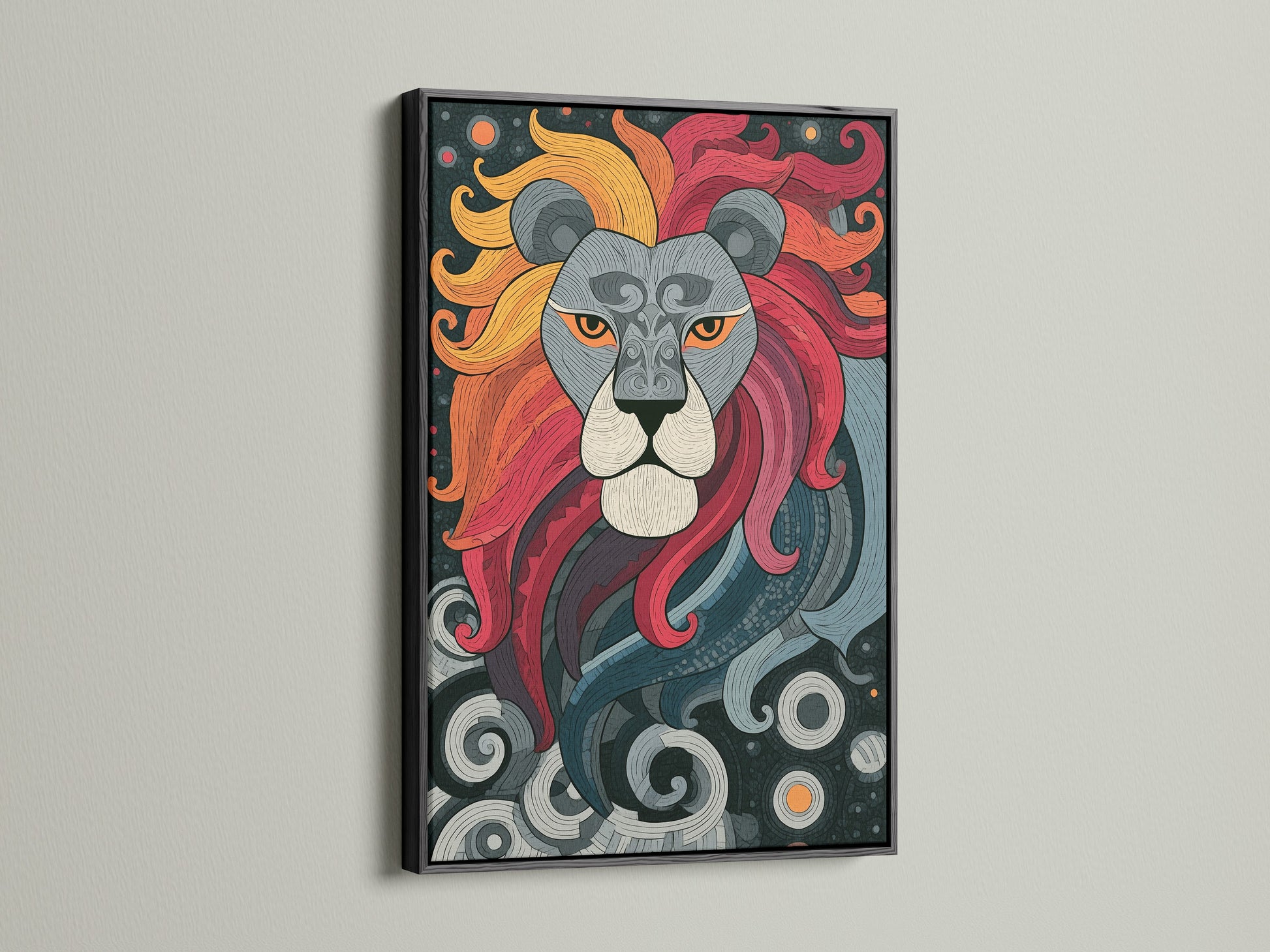 A striking lion artwork is encased in a black frame. The black frame adds contrast and drama. The artwork's details are intensified. A bold choice for any room. See how the black frame makes the artwork stand out.