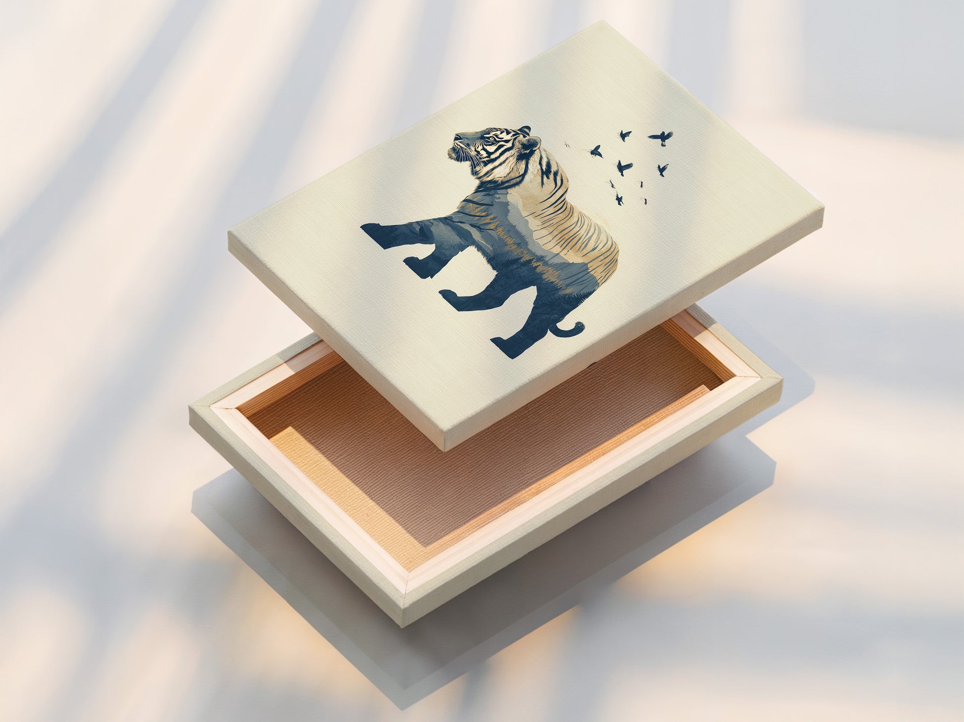 This stretched canvas print features a blue tiger artwork. The minimalist animal art is ready to hang. The wildlife silhouette adds a modern touch. Perfect for office and bedroom decor. Enjoy the high-quality print and vibrant colors. Elevate your space with this stunning piece.
