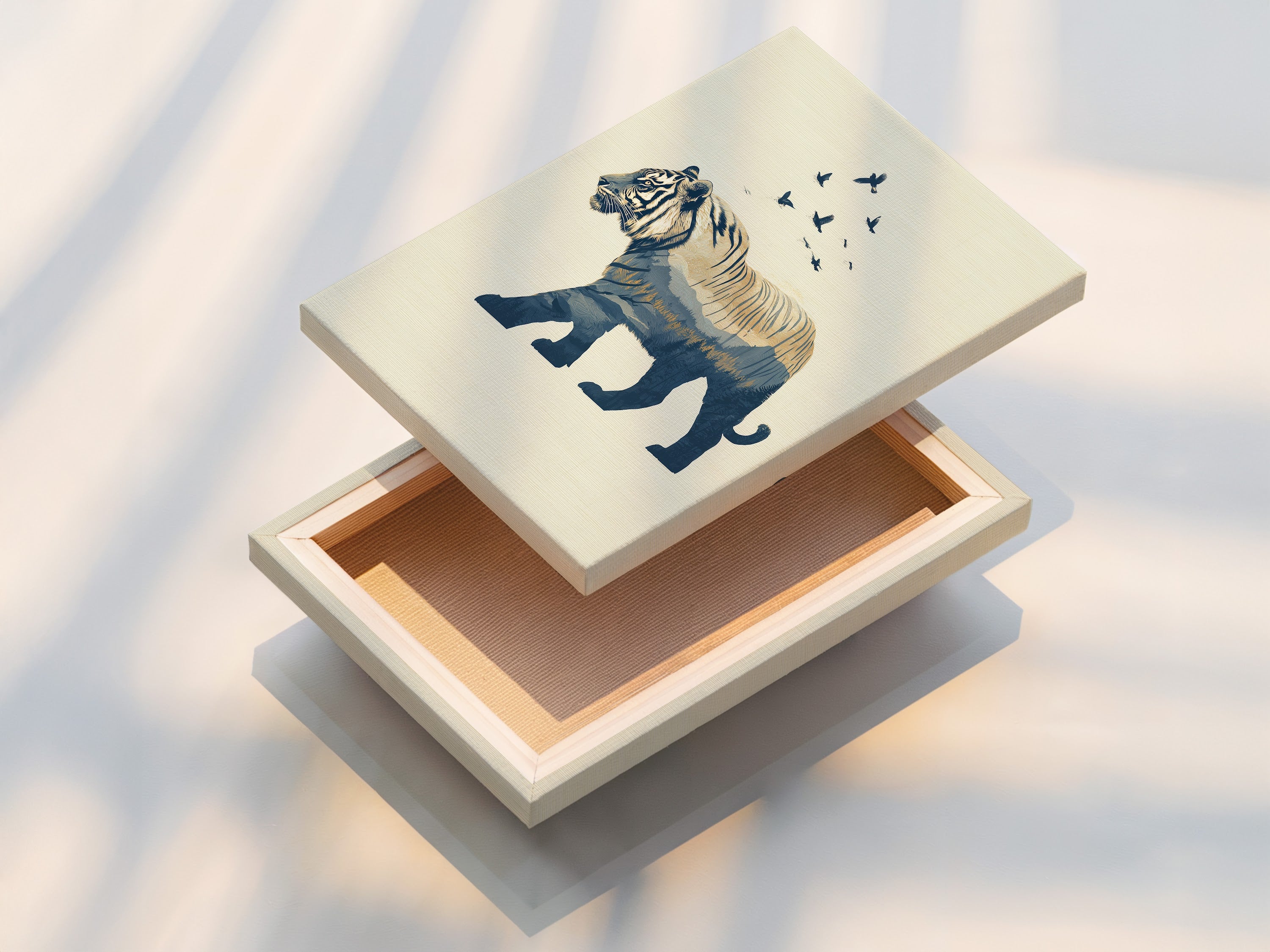 This stretched canvas print features a blue tiger artwork. The minimalist animal art is ready to hang. The wildlife silhouette adds a modern touch. Perfect for office and bedroom decor. Enjoy the high-quality print and vibrant colors. Elevate your space with this stunning piece.