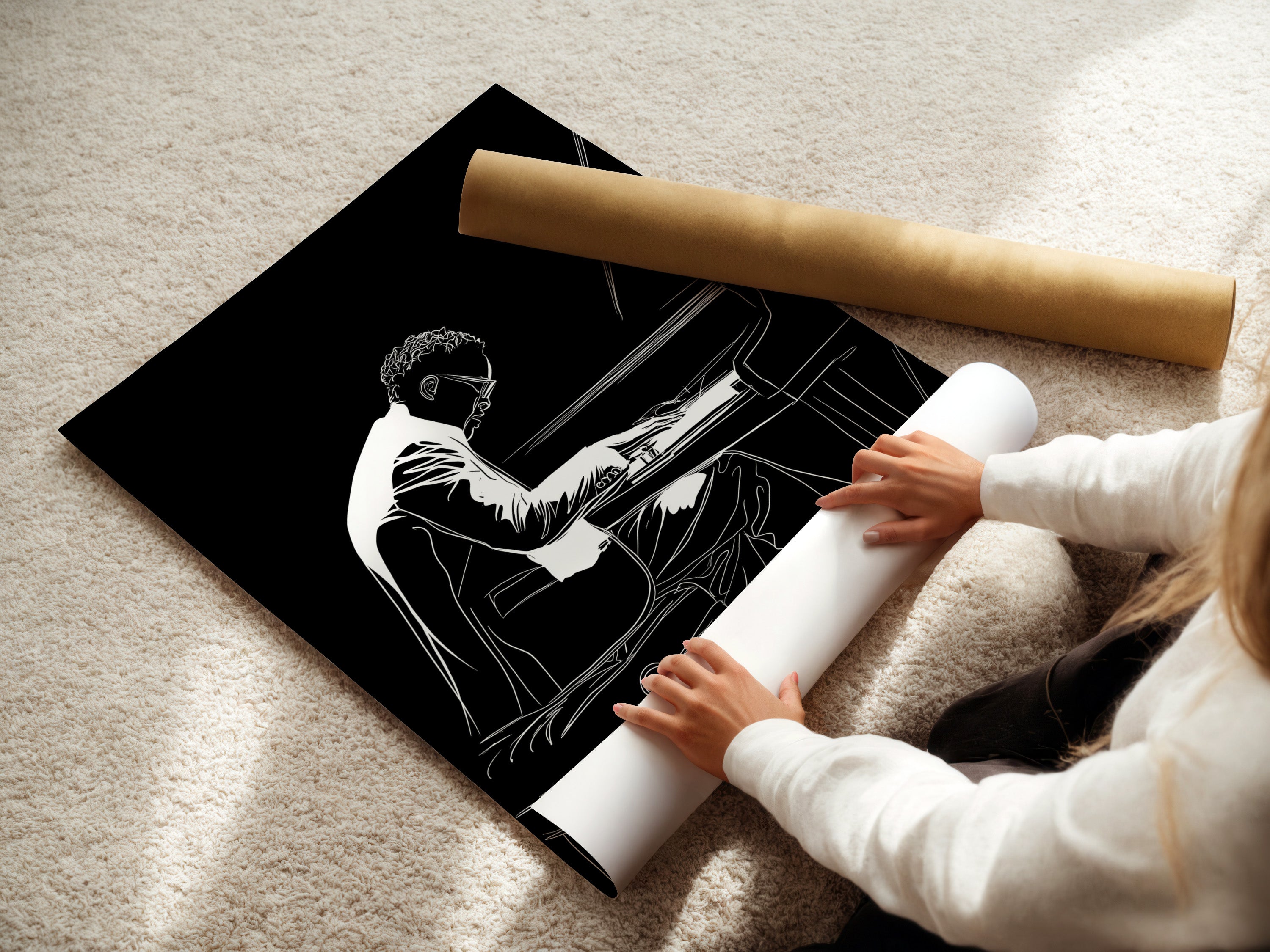 Watch a woman carefully rolling a fine art poster paper. This piano player artwork is ready to be displayed. The jazz musician canvas wall art is perfect for music rooms. Get your black and white music wall decor today.