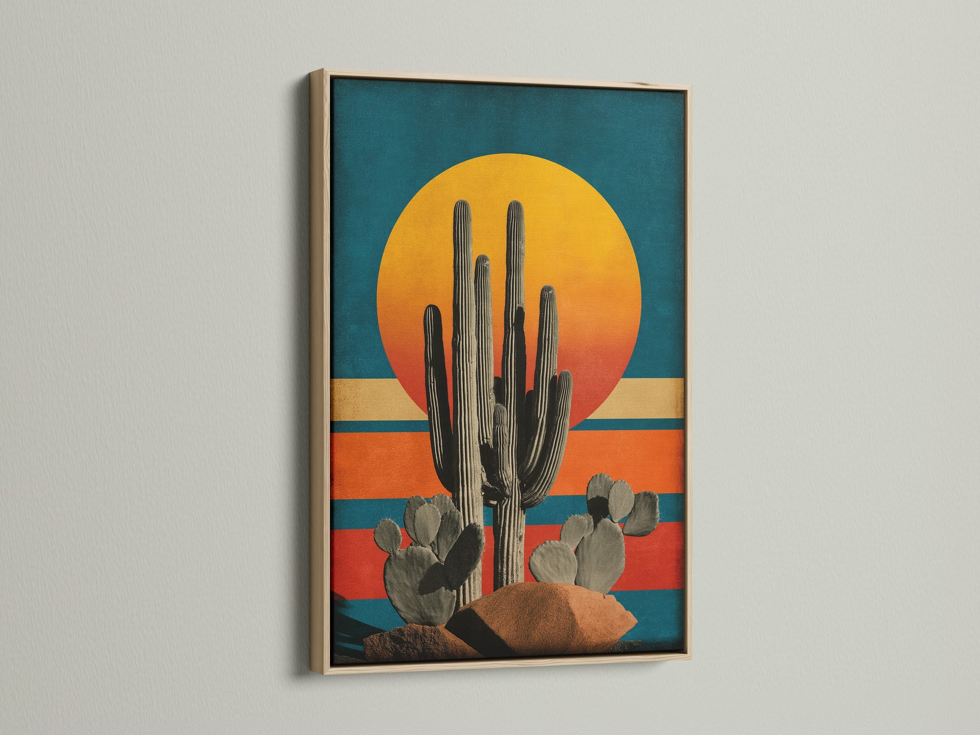 This oak frame enhances the retro boho artwork. The desert cactus wall art brings a touch of the Southwest to your living room. It is ideal for creating a cozy bedroom wall decor. Discover the beauty of the desert sunset.