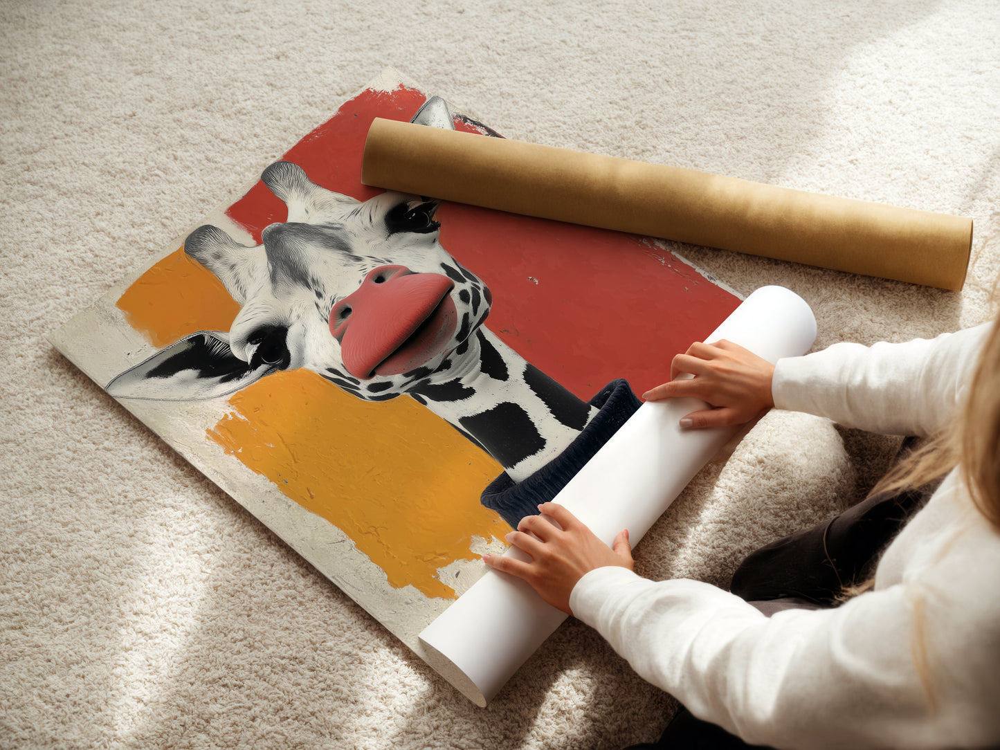 A woman rolls fine art poster paper. This paper is ideal for the Giraffe Portrait art. The quirky wildlife art is perfect for kids room decor. The modern animal art has a coral orange background. Fine art poster paper delivers quality and detail. It makes artwork come alive.