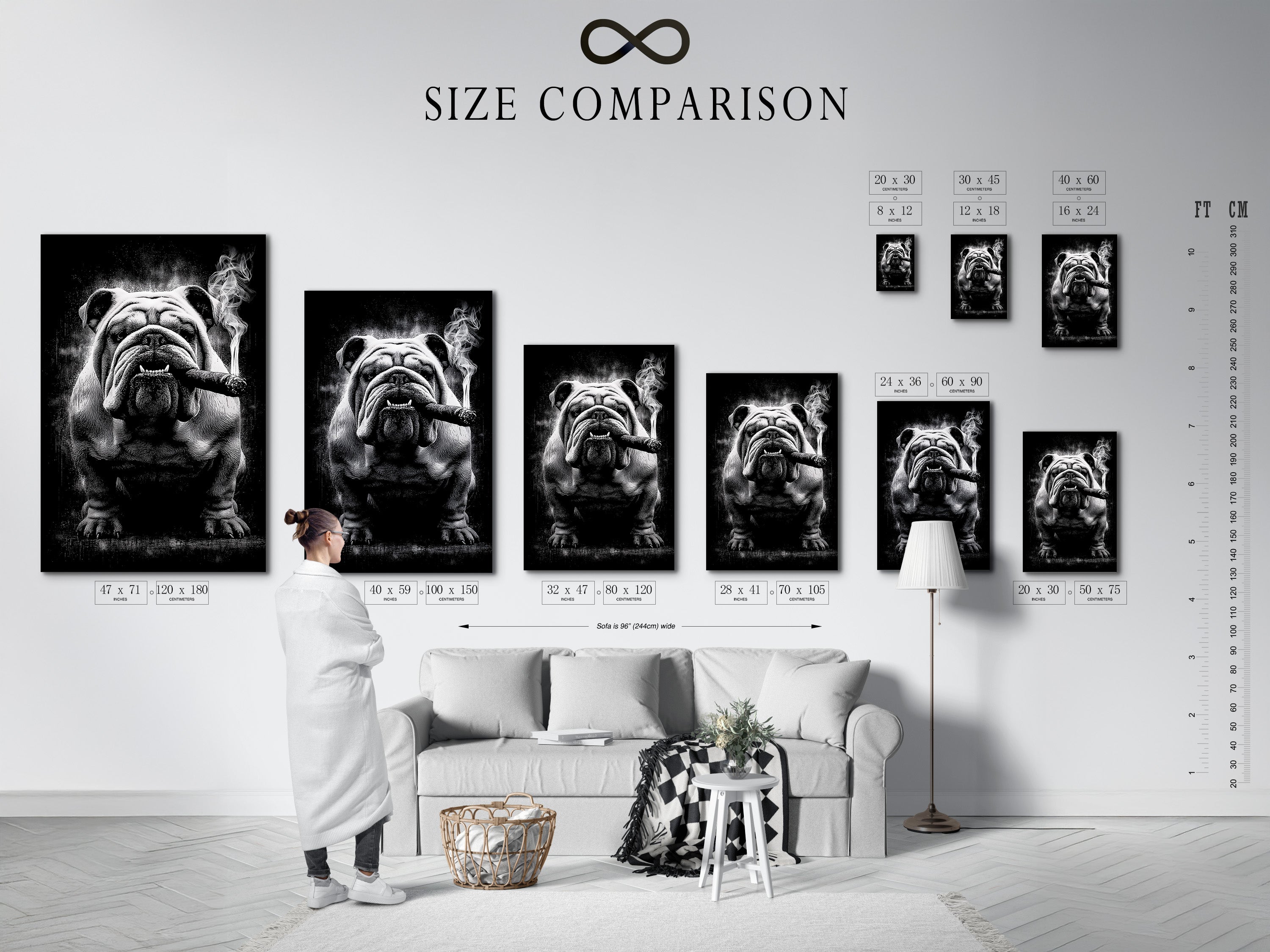 Size comparison chart in interior featuring the bulldog smoking art. Visualize the perfect size for your space. Choose the ideal dimensions to enhance your wall decor. This chart helps you find the right fit for your room.