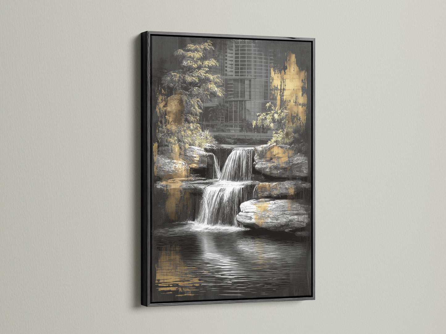 A black frame showcases this waterfall canvas print. The urban nature wall art adds a touch of elegance. This zen garden artwork is perfect for a meditation space. The black and gold color scheme creates a modern look. Elevate your decor with this tranquil artwork.