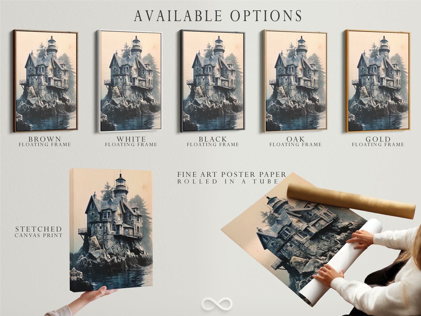 Available options are showcased: stretched canvas print fine art poster paper and floating frame. Each option presents the Lighthouse Canvas Print in a unique way. Pick the perfect style to complement your coastal decor.