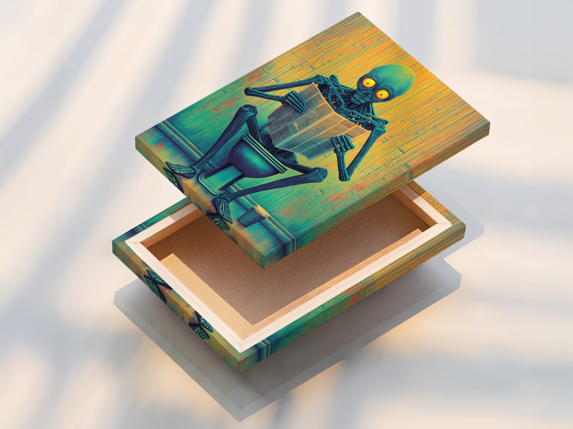 This is a stretched canvas print of Alien on Toilet. The sci-fi novelty artwork is ready to hang. The blue and yellow colors are vivid. It's perfect for modern and eclectic decor. This funny bathroom art adds a unique touch. Enjoy this quirky piece.