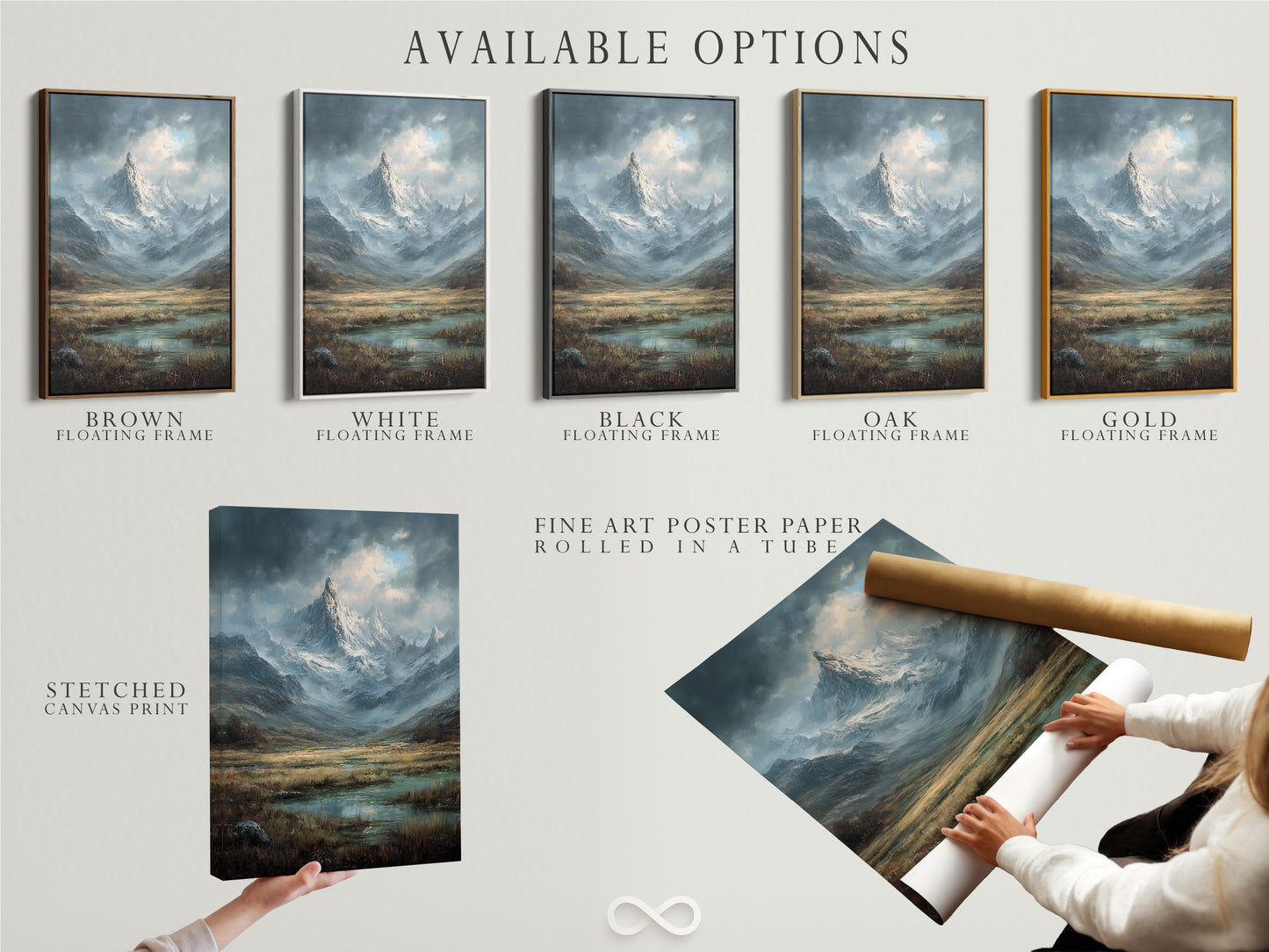 Available options for artwork are showcased. These include a stretched canvas print. There is also fine art poster paper and a floating frame. The variety of options allows for customization. The variety of options ensures you find the perfect style. Find artwork that suits your needs.