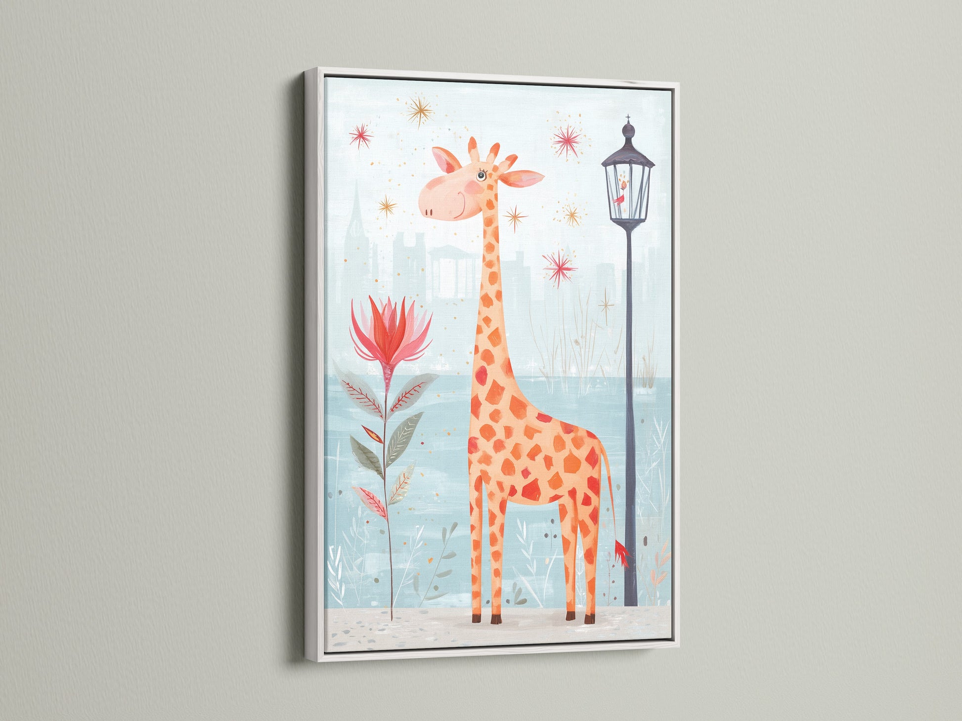 A delightful giraffe art print is presented in a clean white frame. The artwork is great for brightening up a children's room. White frames offer a fresh look for nursery wall decor. Shop whimsical art now.