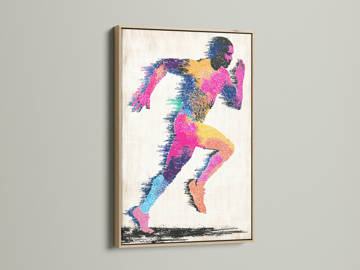 The artwork is displayed in an oak frame. The art features a colorful abstract figure of a runner. The runner is in motion. The frame enhances the artwork's visual appeal. The oak frame provides a natural and elegant look.