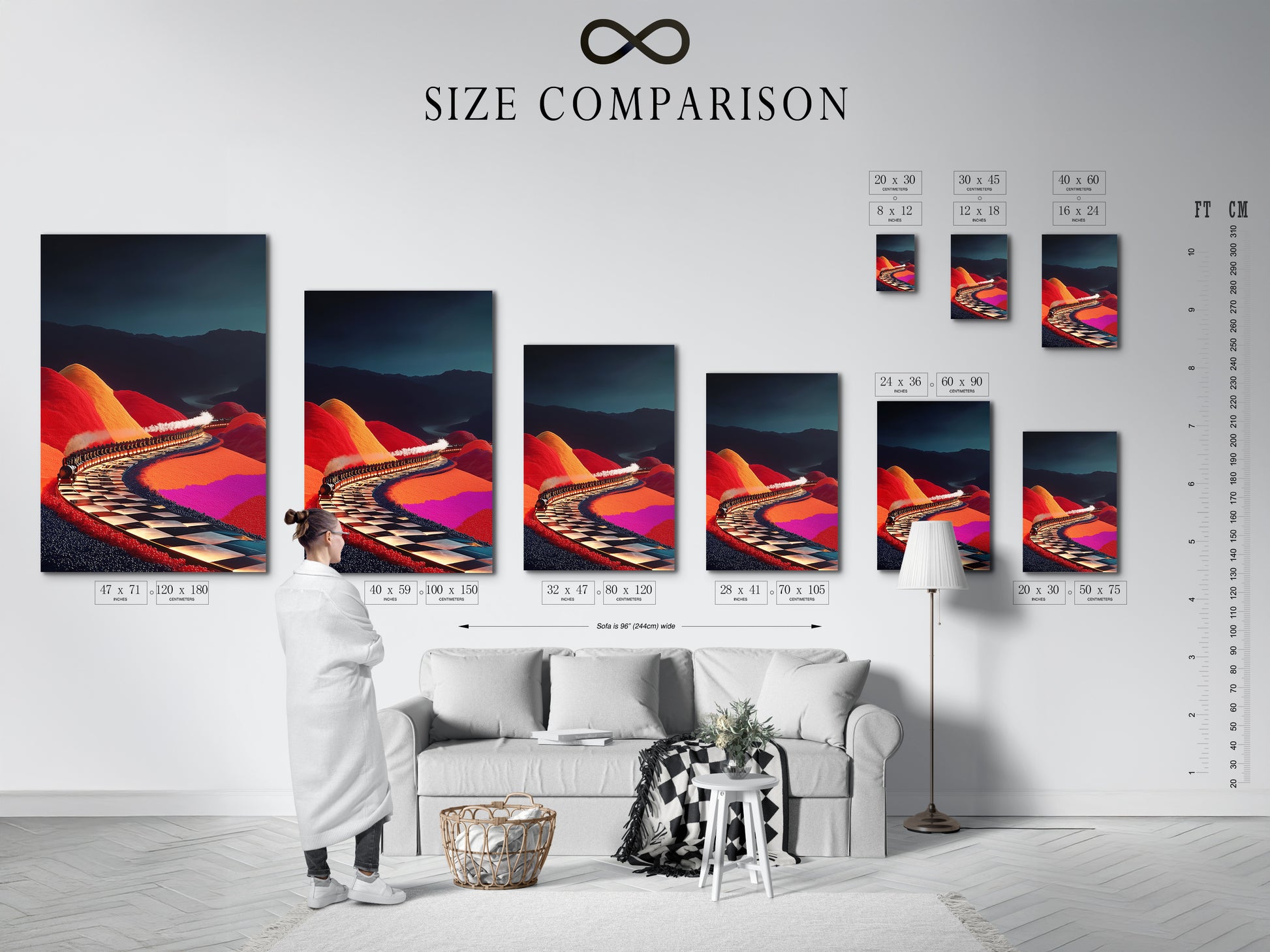 Size comparison chart featuring the Surreal Train Ride artwork in an interior setting. See how this colorful landscape wall art fits in your space. The whimsical journey artwork enhances any room's decor. Choose the perfect size for your train wall art. Ideal for game rooms and living spaces.
