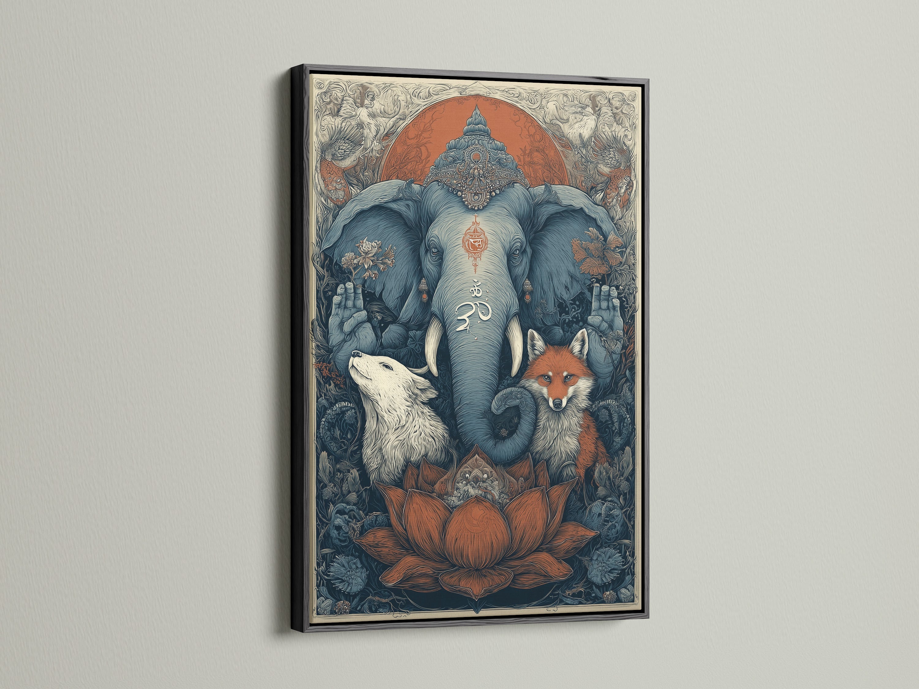Sacred Animals art print in a black frame. Features spiritual wall art with an elephant a wolf and a fox. This meditation room art has a bohemian vibe. The Om symbol print adds a spiritual touch. Find boho bedroom art and mystical artwork for your home decor.