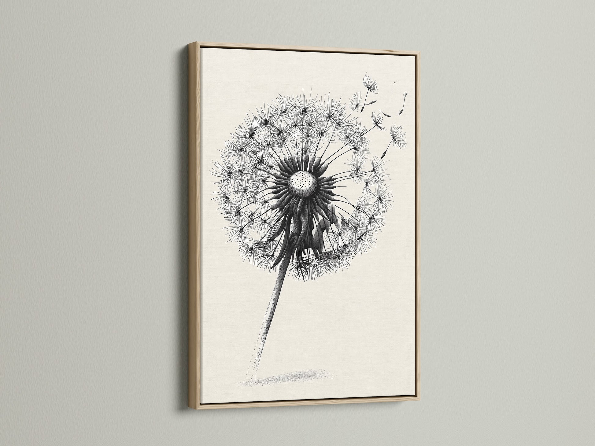 A dandelion artwork is showcased in an oak frame. The frame enhances the artwork. It brings warmth and character to the artwork. The oak frame provides a natural and timeless look. It is a great choice for displaying your favorite prints or photos. Perfect for creating a focal point.