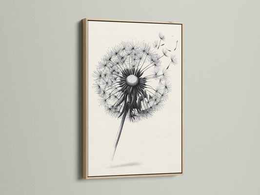 A dandelion artwork is showcased in an oak frame. The frame enhances the artwork. It brings warmth and character to the artwork. The oak frame provides a natural and timeless look. It is a great choice for displaying your favorite prints or photos. Perfect for creating a focal point.