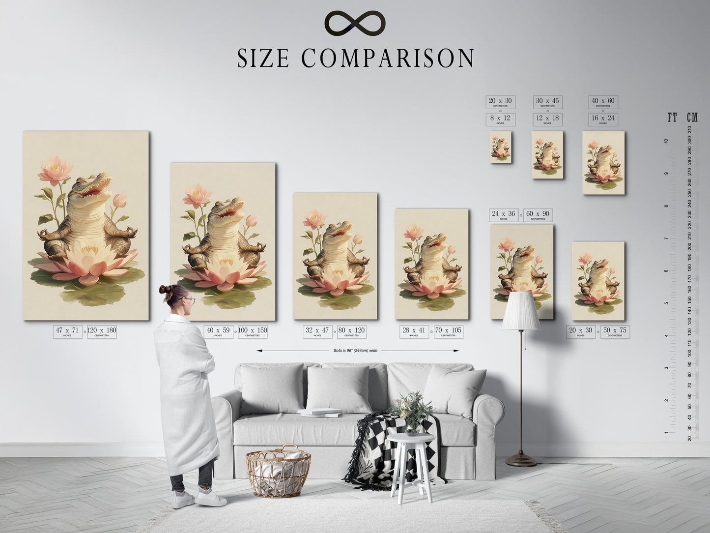 A size comparison chart in an interior setting. The chart displays different sizes of the Zen Alligator art print. The artwork features an alligator meditating on a lotus flower. Find the perfect size for your space today.