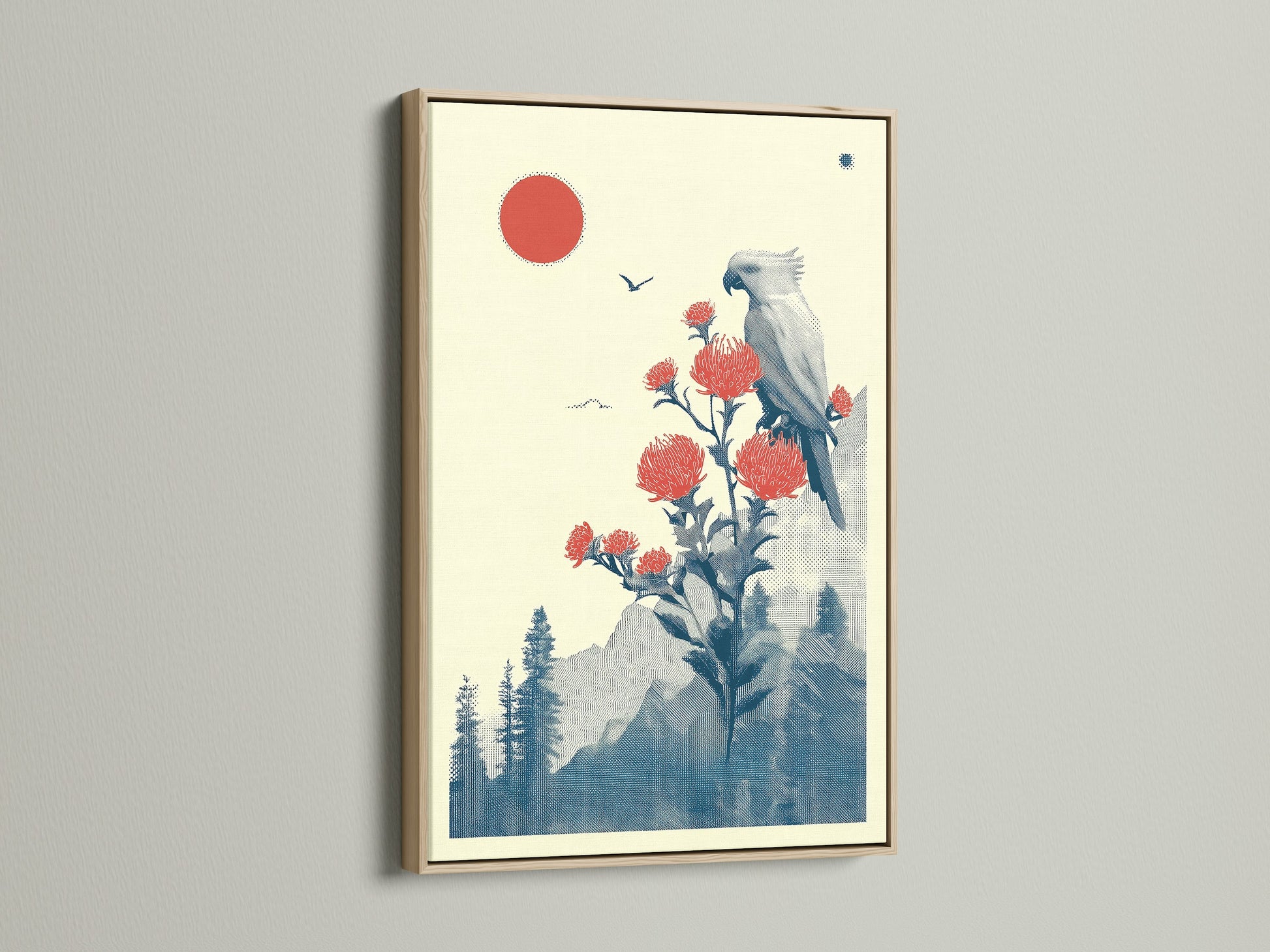 Japanese Bird Artwork with Red Sun in an Oak Frame. The vintage botanical art complements minimalist and Scandinavian decor. Display oriental art in a stylish oak frame today.
