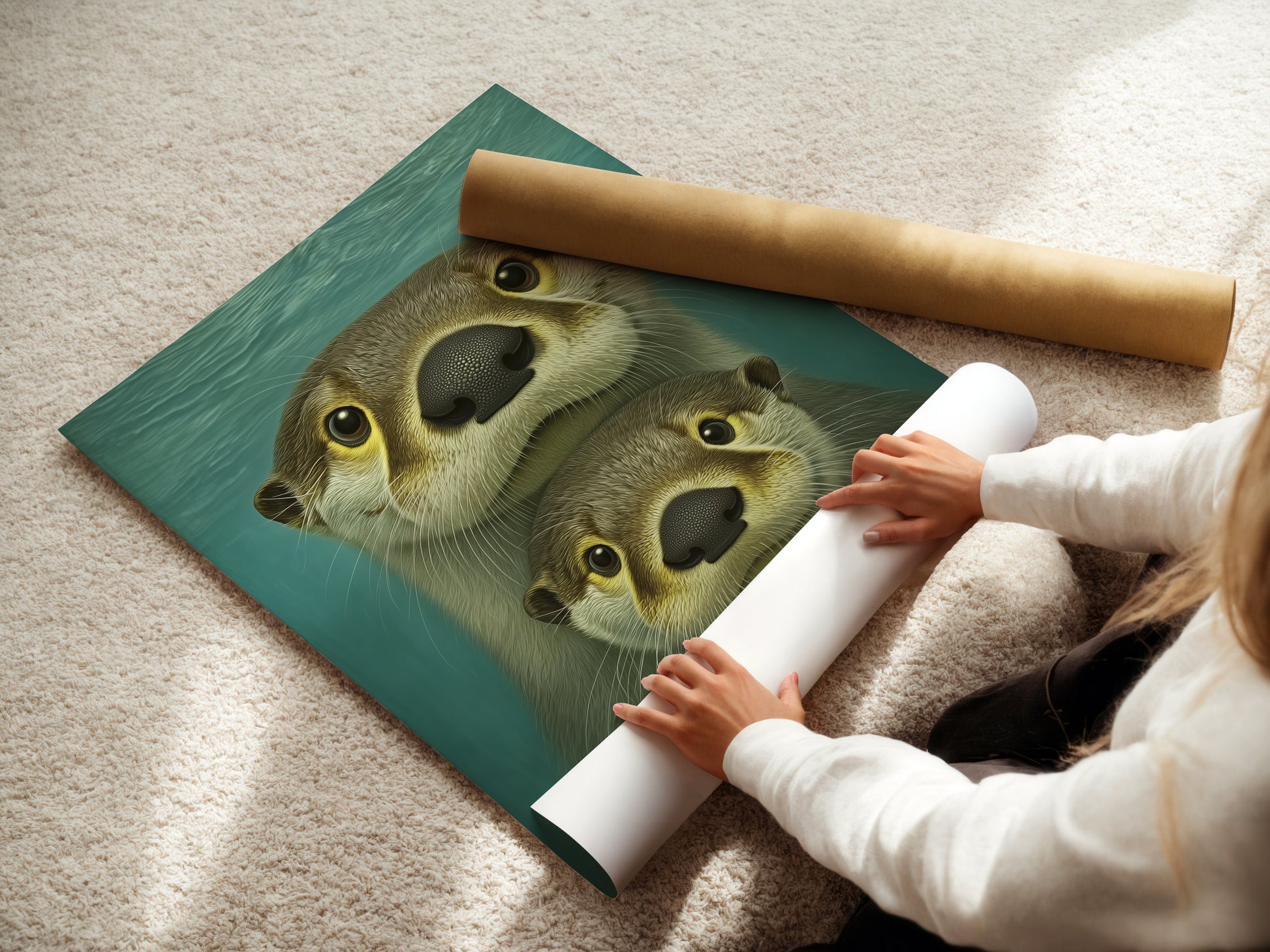 A woman carefully rolls a fine art poster paper featuring the otter family artwork. This ensures its pristine condition. Ideal for coastal decor or nursery art this teal blue artwork is perfect for kids room wall art. A delightful addition to any space.