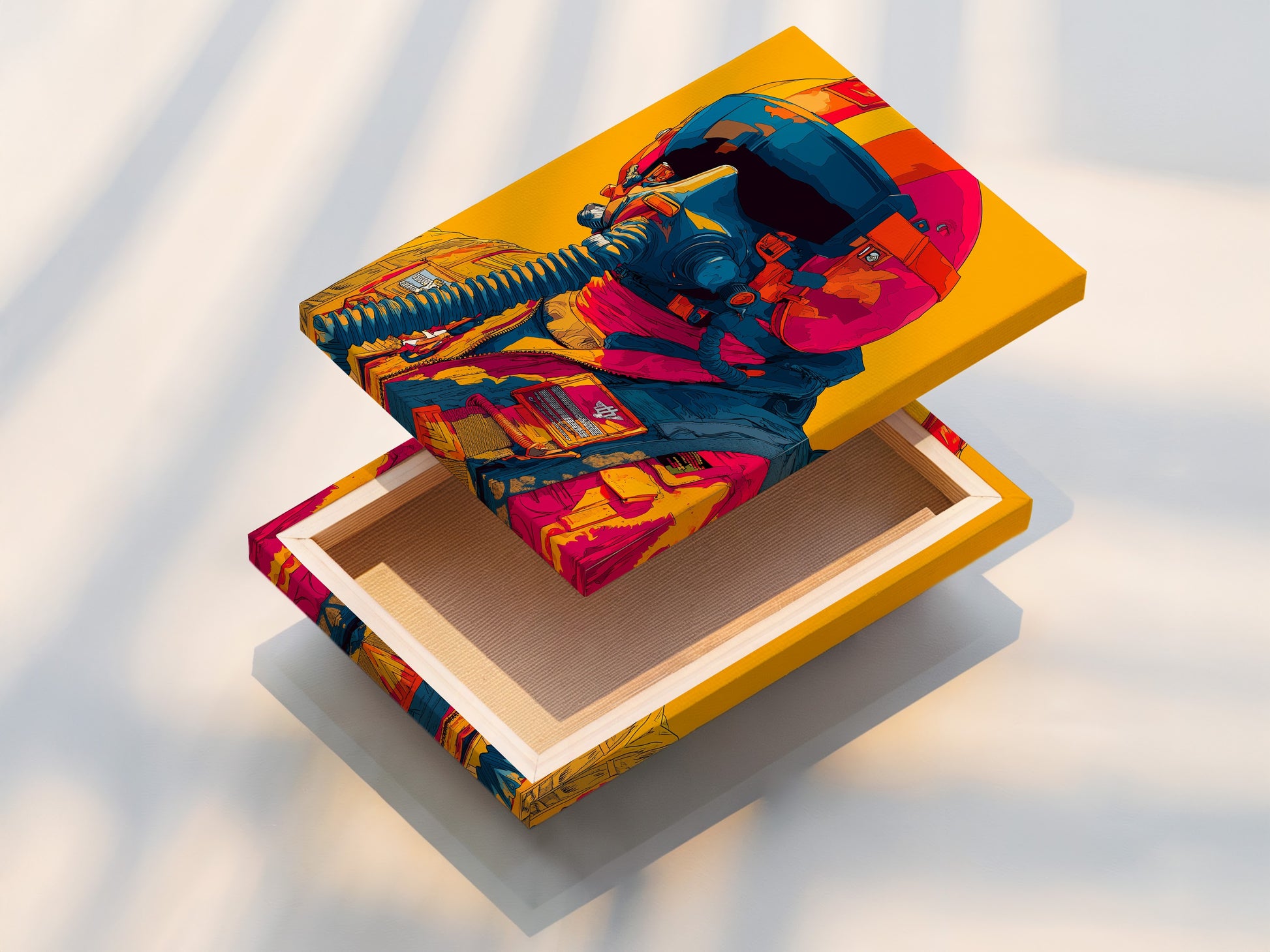 A stretched canvas print is displayed. The artwork features a pilot with a helmet and mask. The canvas print offers a textured and gallery-ready finish. The artwork will enhance your home decor.