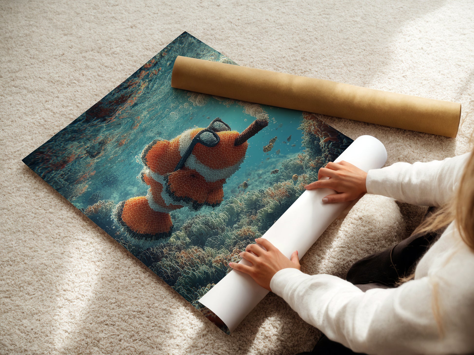 A woman rolling a fine art poster paper. She is preparing the clownfish art piece for shipping. This high quality poster captures the art. It shows the clownfish smoking a cigar underwater. Ideal for art enthusiasts seeking a unique piece