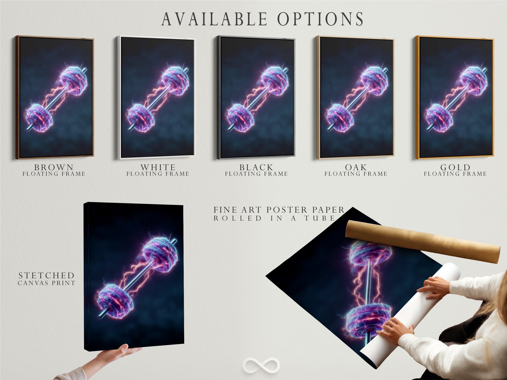 Available options for the Neon Dumbbell artwork. Choose from a stretched canvas print fine art poster paper or a floating frame. This electric gym wall art is perfect for home gym decor. Customize your fitness motivation piece. Ideal for any fitness studio or weightlifting room.