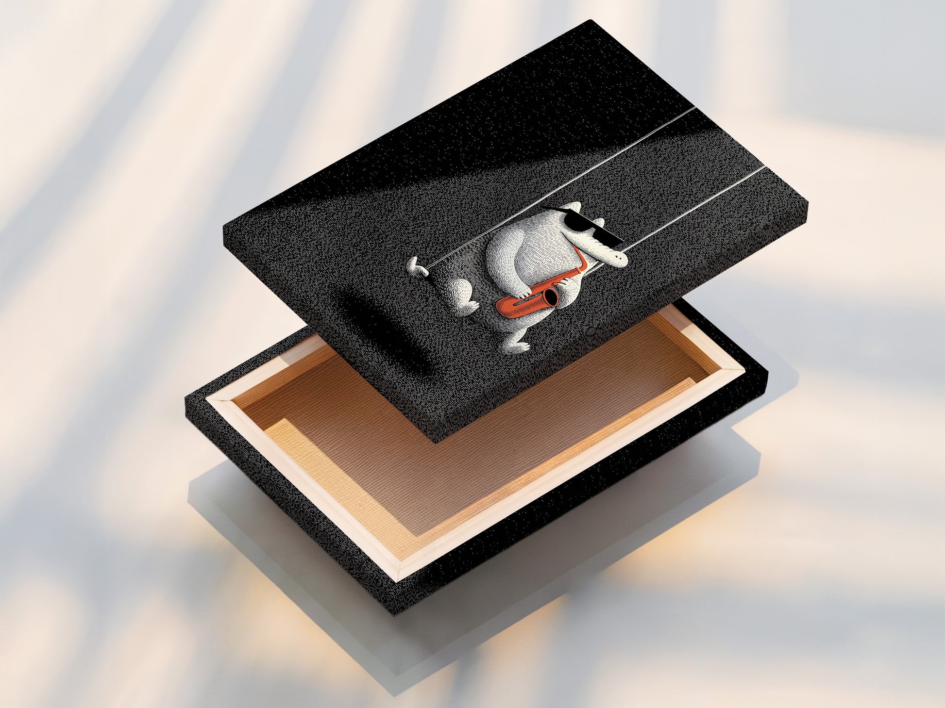 A stretched canvas print featuring a cartoon alligator playing a saxophone. The canvas is tightly stretched for a smooth finish. A stretched canvas print is ready to hang. It adds a professional touch to any space.