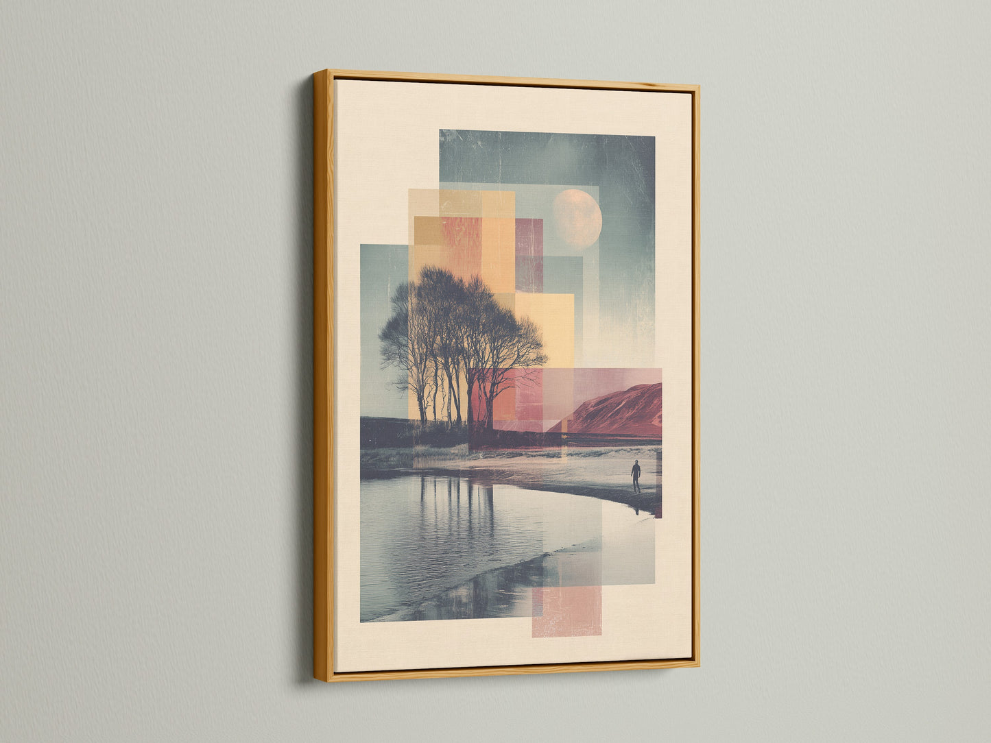 Gold Frame. The artwork features a serene landscape. It has a body of water and trees. This gold frame adds a touch of luxury. It is perfect for displaying your favorite artwork.