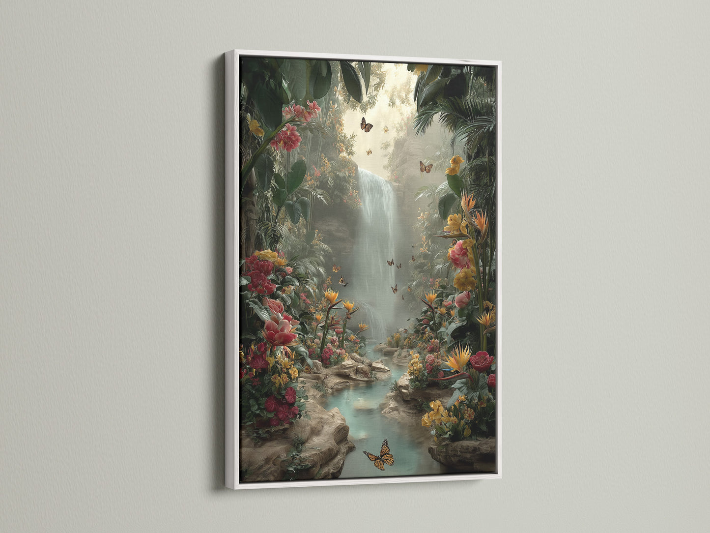 Tropical Waterfall canvas print displayed in a white frame. The artwork captures a lush jungle paradise with butterflies and a waterfall. The light frame enhances the vibrant colors of the scene. Ideal for adding a fresh botanical touch to your living space. A calming nature scene.