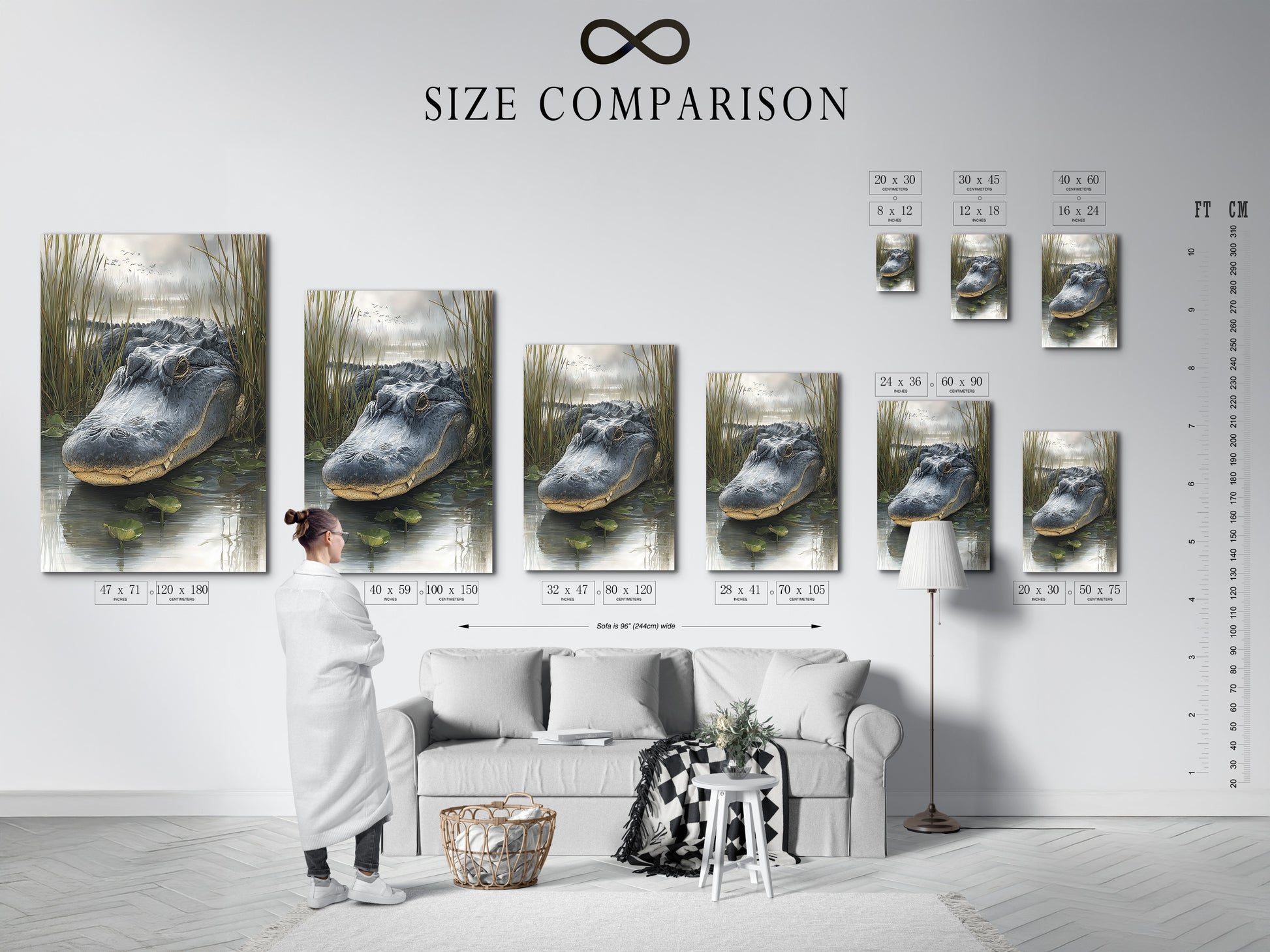 Size comparison chart in an interior setting. See how different sizes of artwork fit in your space. This chart helps you visualize the perfect dimensions. Find the ideal size for your room.