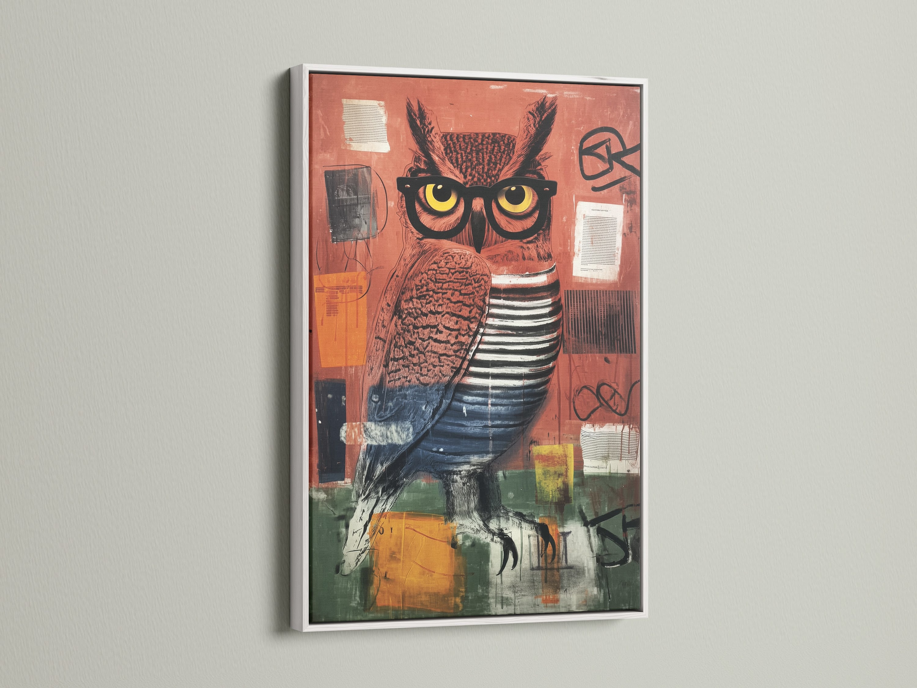 A stylish white frame showcases a contemporary owl artwork. The bird canvas print adds a touch of modern flair to any space. This mixed media print is a great choice for living room wall art or a coffee shop.
