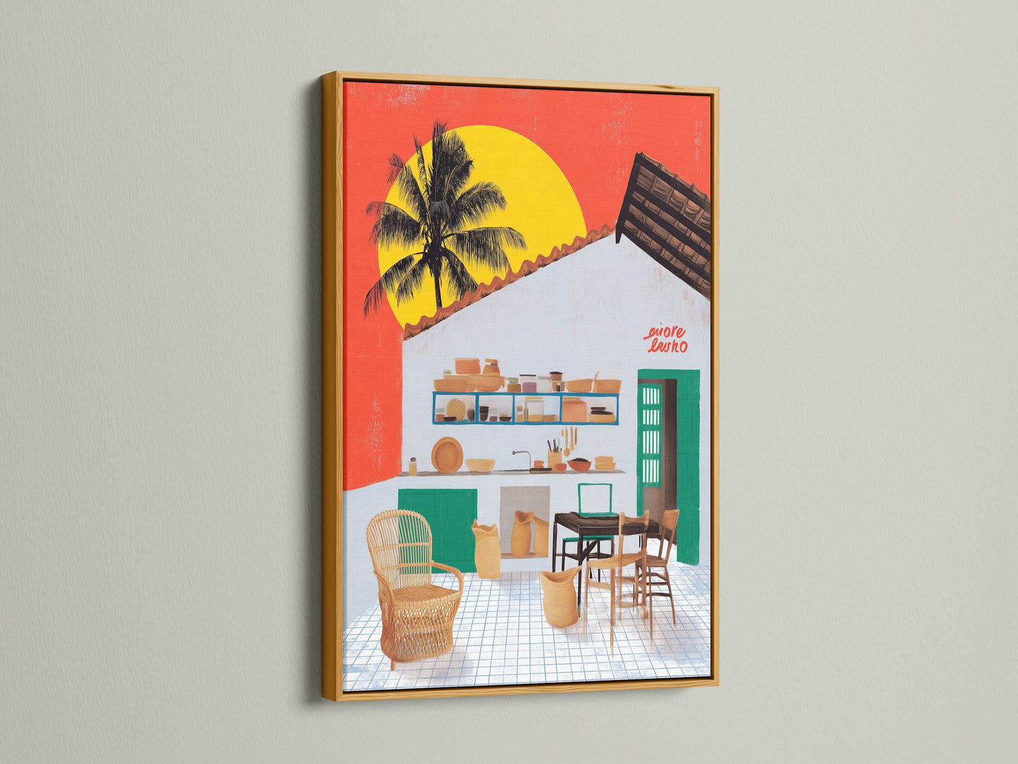 The coastal kitchen artwork is beautifully displayed in a gold frame. This tropical wall art enhances island decor. The modern art print is perfect for a vacation home. It evokes a beach house atmosphere. This coastal artwork adds elegance to any space.