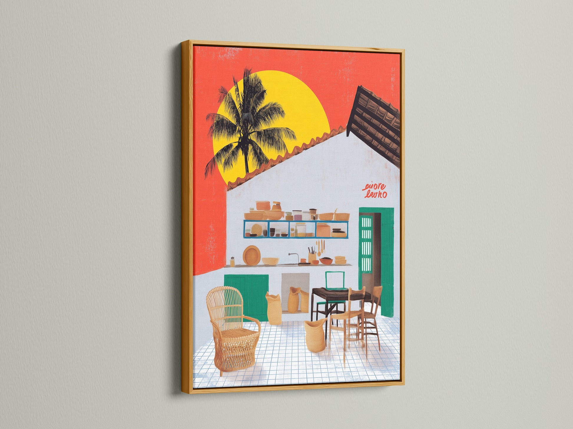 The coastal kitchen artwork is beautifully displayed in a gold frame. This tropical wall art enhances island decor. The modern art print is perfect for a vacation home. It evokes a beach house atmosphere. This coastal artwork adds elegance to any space.