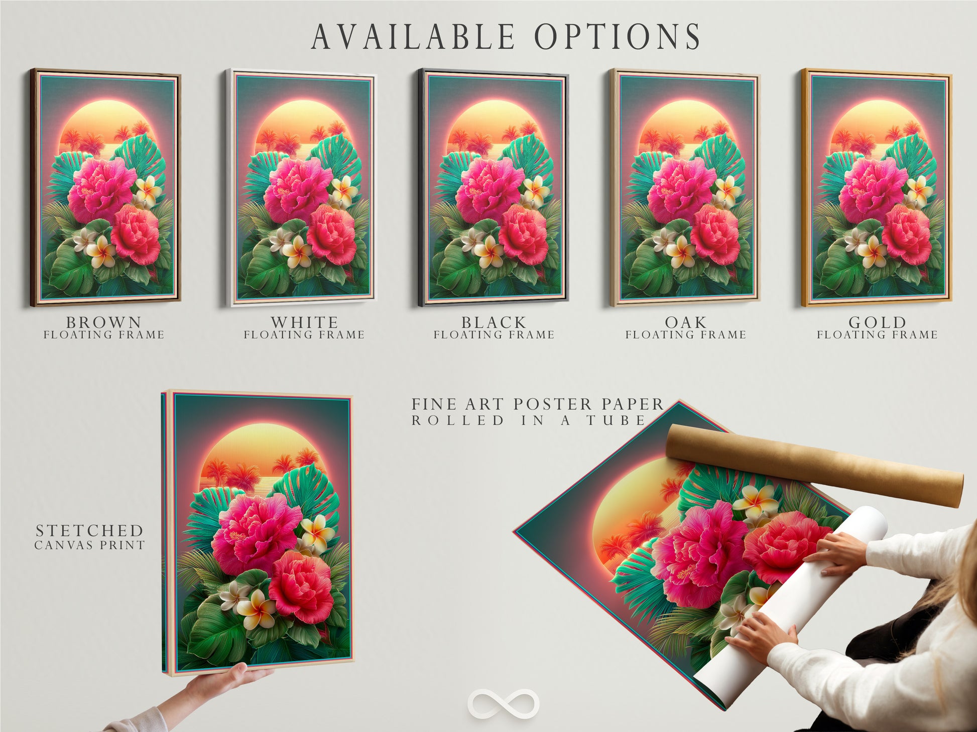 Available options for tropical flower artwork are showcased. Options include stretched canvas prints fine art poster paper and floating frames. The artwork features pink hibiscus and plumeria. Choose the perfect format. Customize your art to fit your space today.