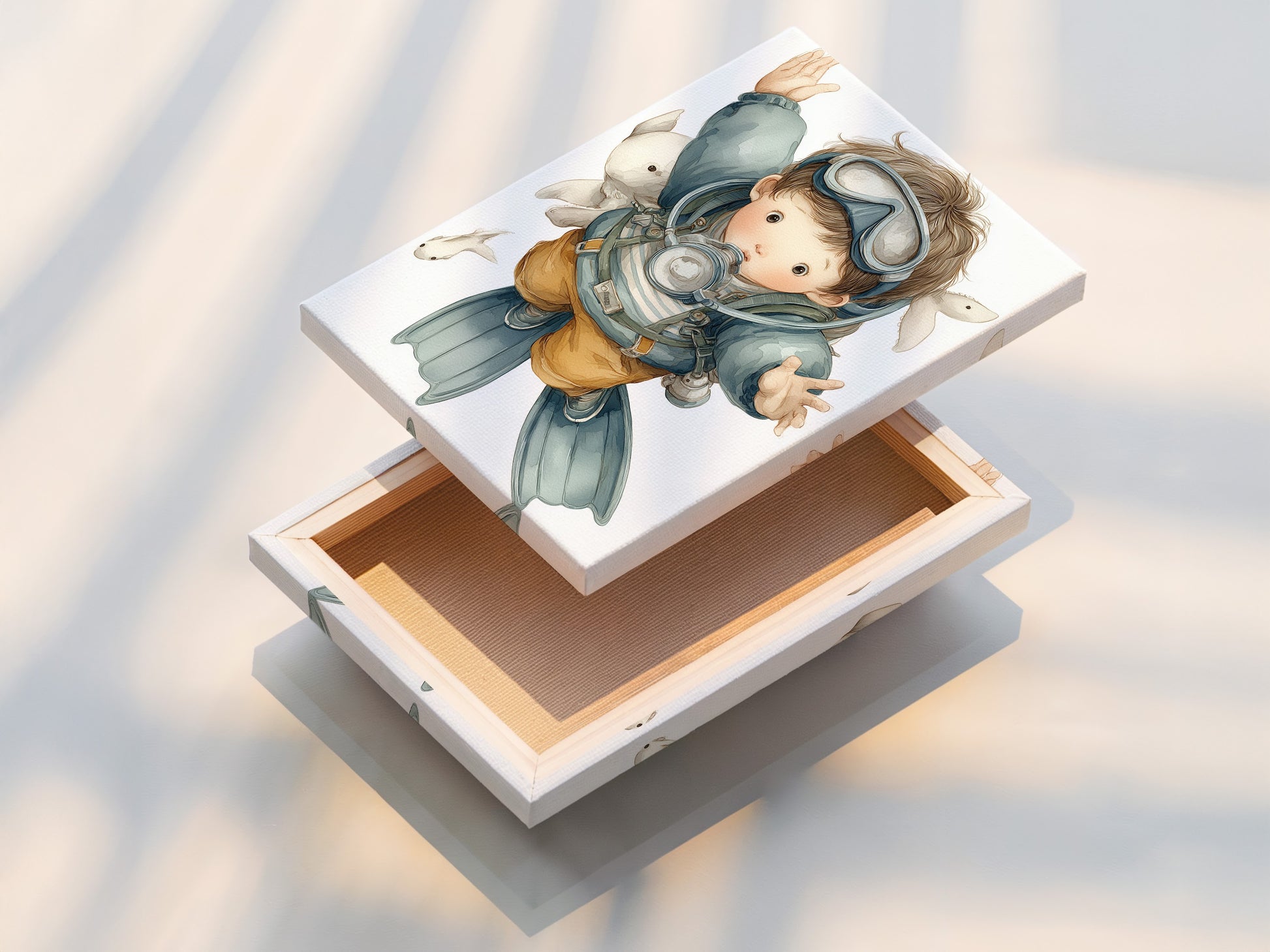 A stretched canvas print displays the charming scuba diver artwork. The canvas brings the underwater scene to life. This print is perfect for kids room decor or an ocean themed nursery. Add this piece to create an adventure nursery. The stretched canvas offers a gallery-ready look.