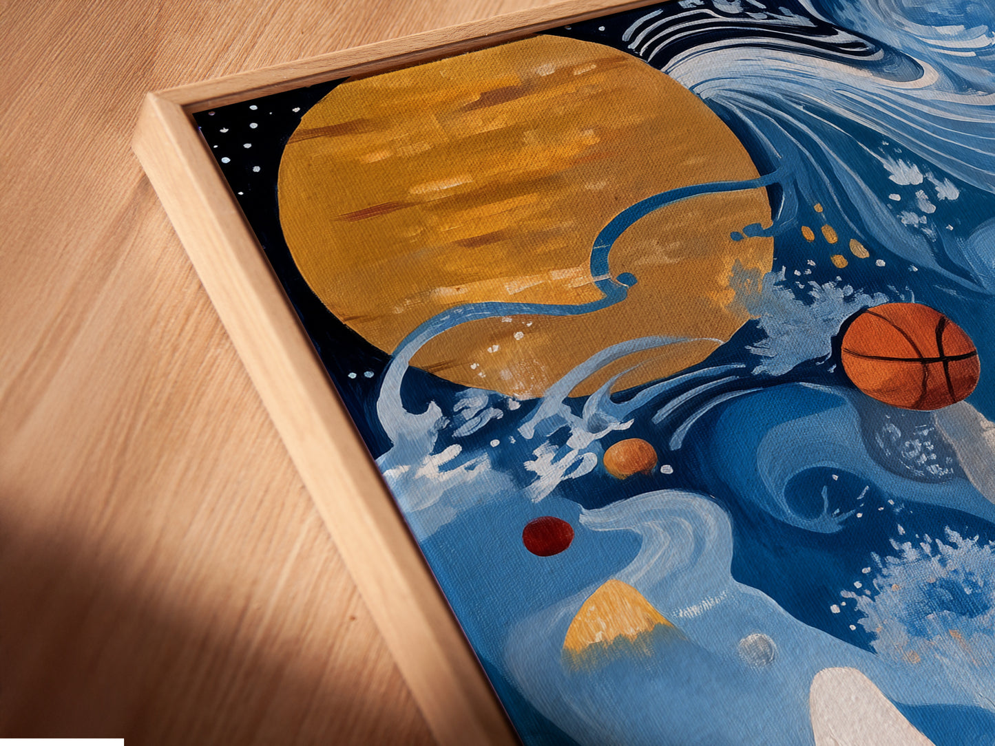 A close up angled view of a canvas print. The print is set in a floating frame. The art shows an astronaut playing basketball. This modern artwork is ideal for adding a unique touch. It is perfect for kids rooms or teen rooms.