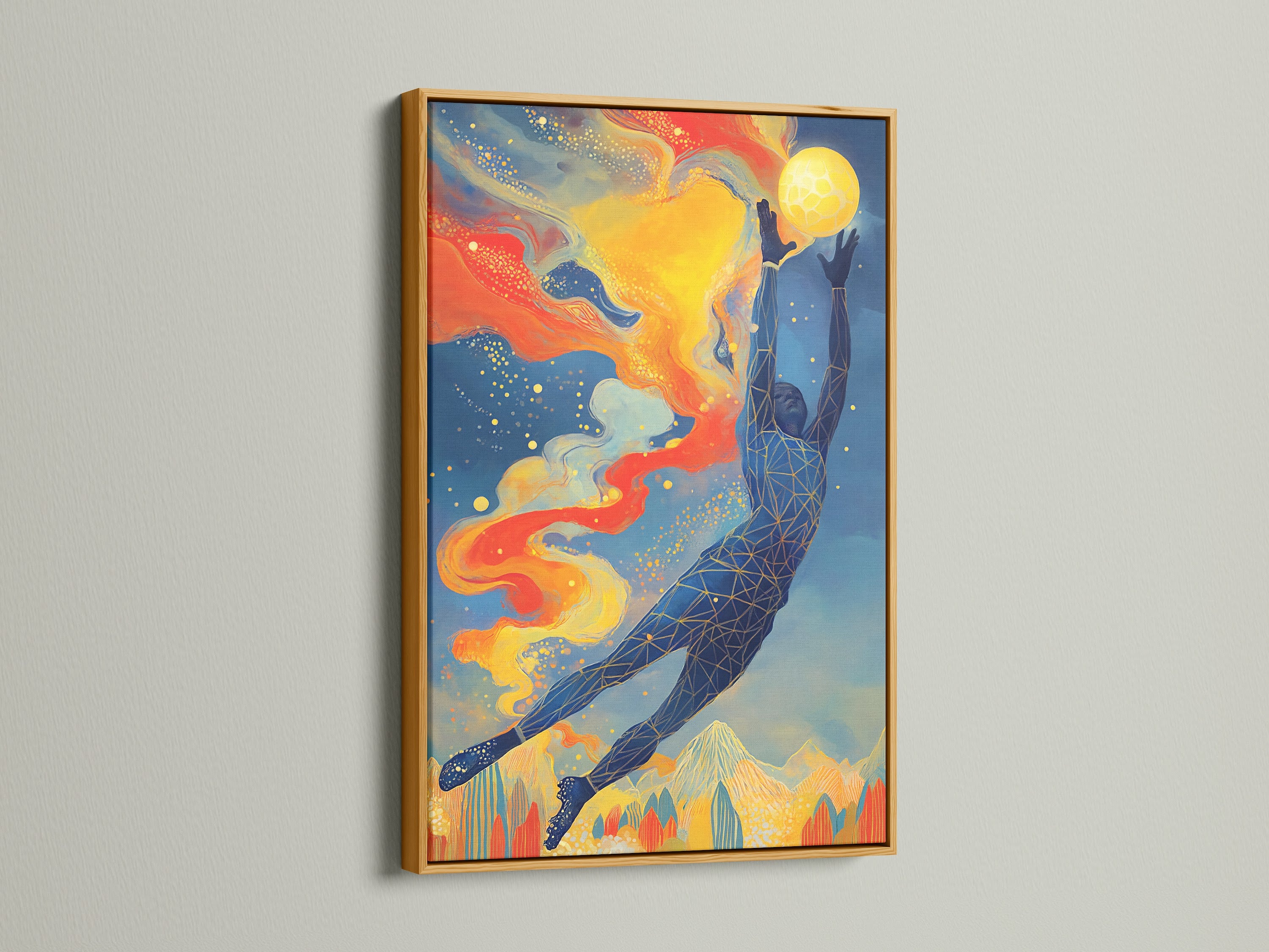 A vibrant whale art print is elegantly framed in gold. The celestial art piece adds a luxurious touch to any interior. The geometric whale art is a statement piece for sports bars or lobbies. It provides a unique focal point.