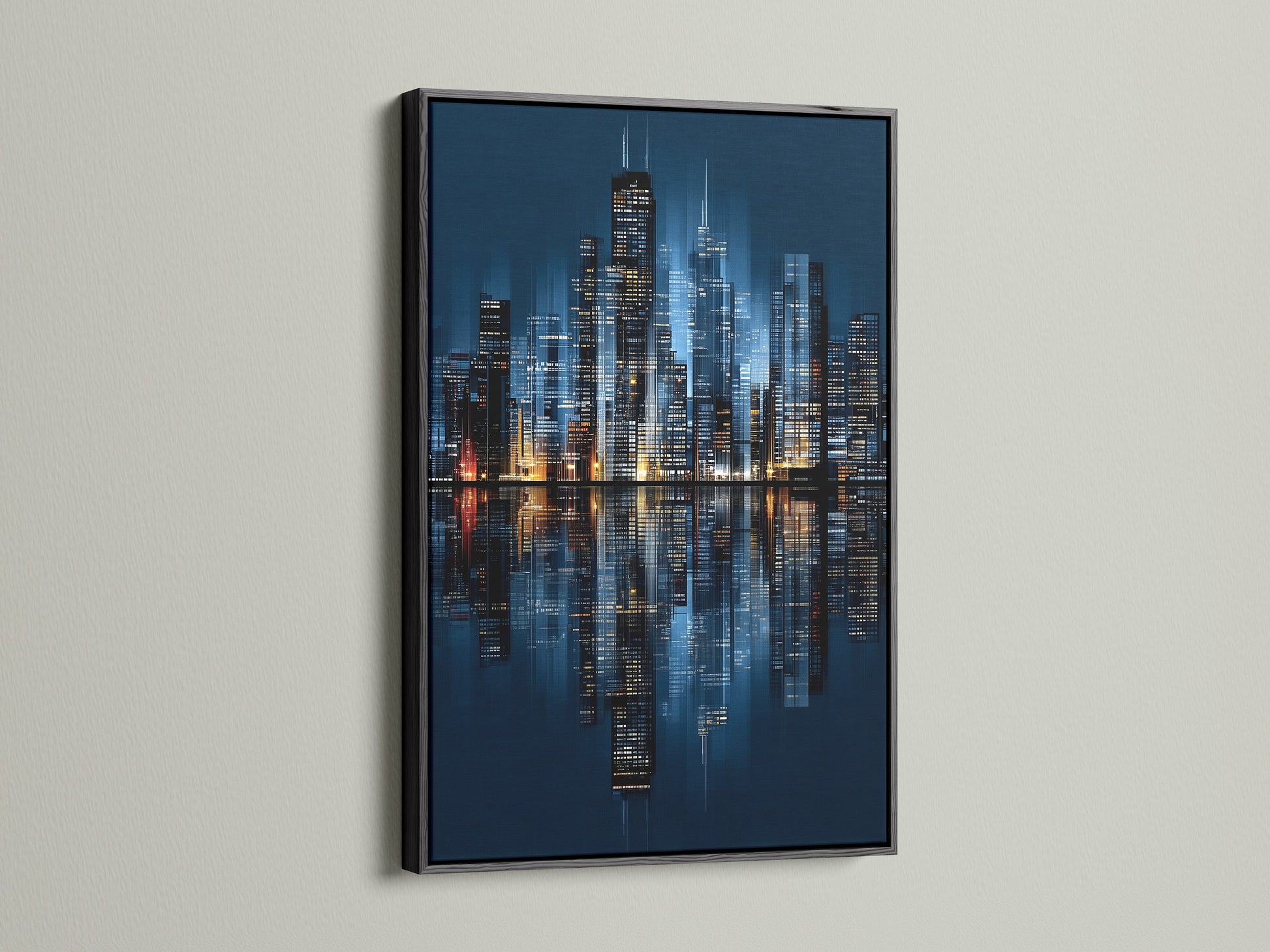 See the Chicago skyline canvas print in a sleek black frame. The frame adds a sophisticated touch to this modern city print. The artwork is perfect for office wall decor. It brings the energy of city lights to your space.