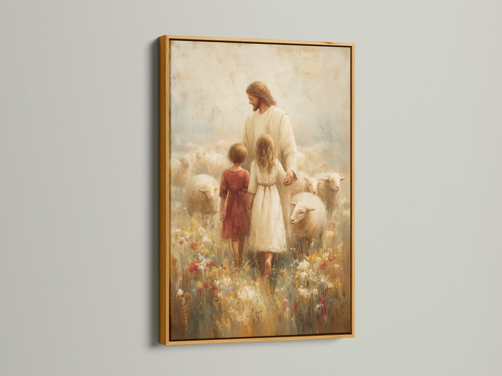 A radiant gold frame highlights this fine art print. The artwork features Jesus with children and sheep. The gold frame adds a touch of luxury and warmth. This artwork will elevate your interior. It is a stunning and eye-catching addition to any room.