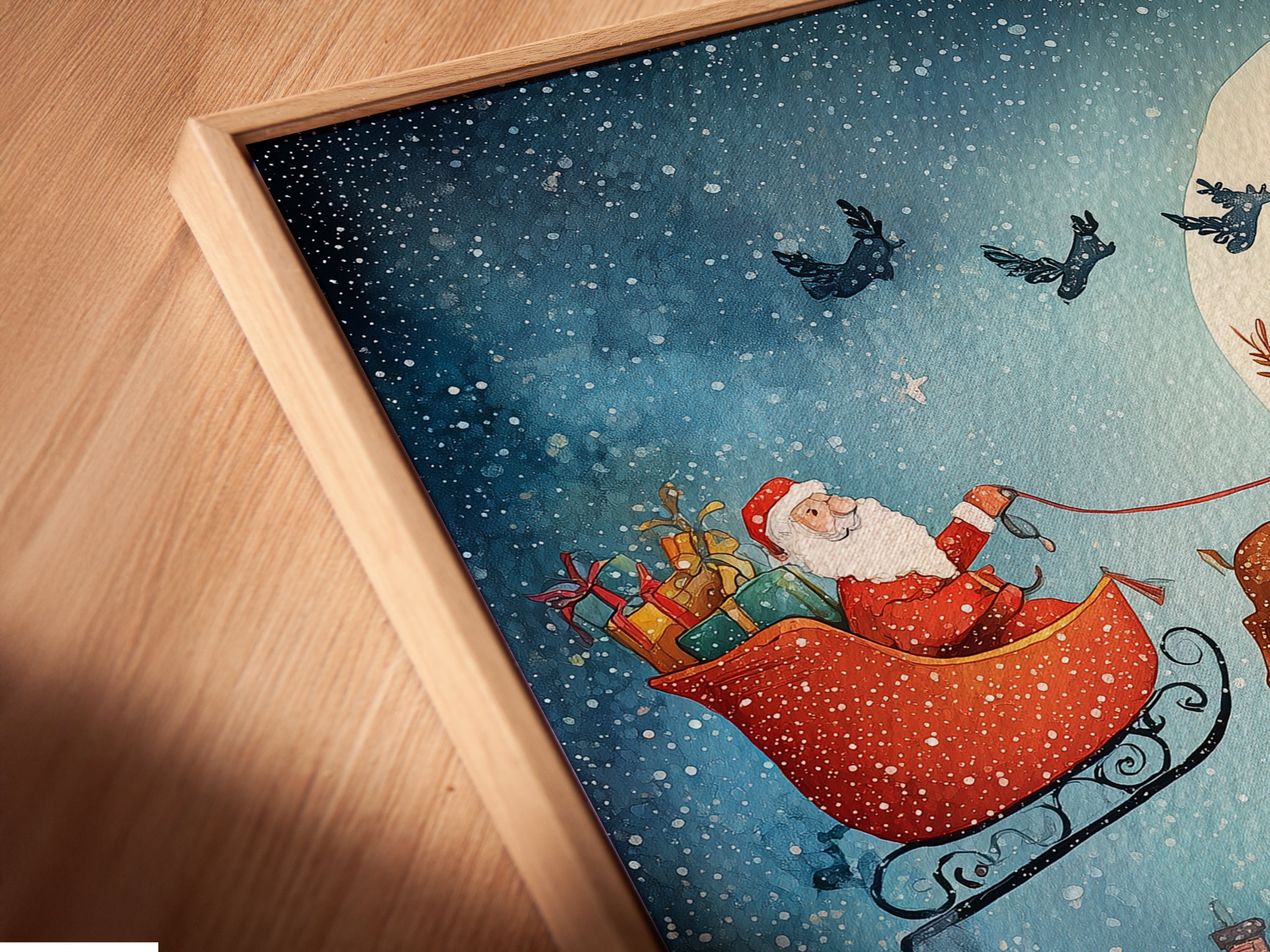 A close-up angled view reveals a canvas print in a floating frame. The Santa Claus and reindeer artwork appears to hover. A modern touch for your holiday wall decor. Perfect for homeowners renters and interior designers seeking unique Xmas art.